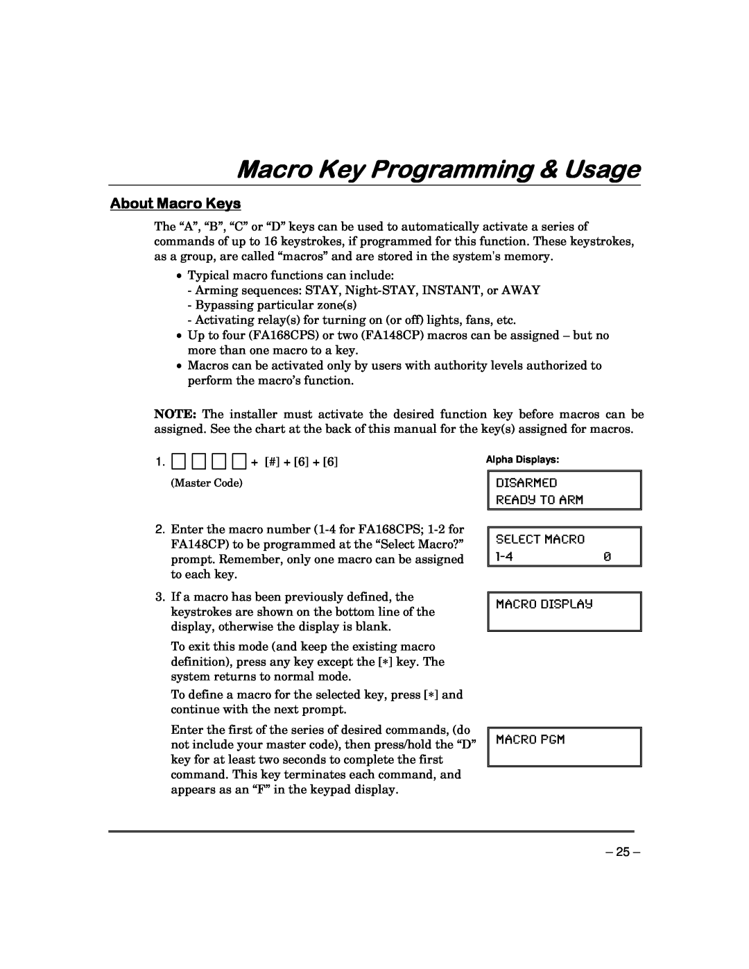 Garmin FA168CPS manual Macro Key Programming & Usage, About Macro Keys, Disarmed Ready To Arm Select Macro 