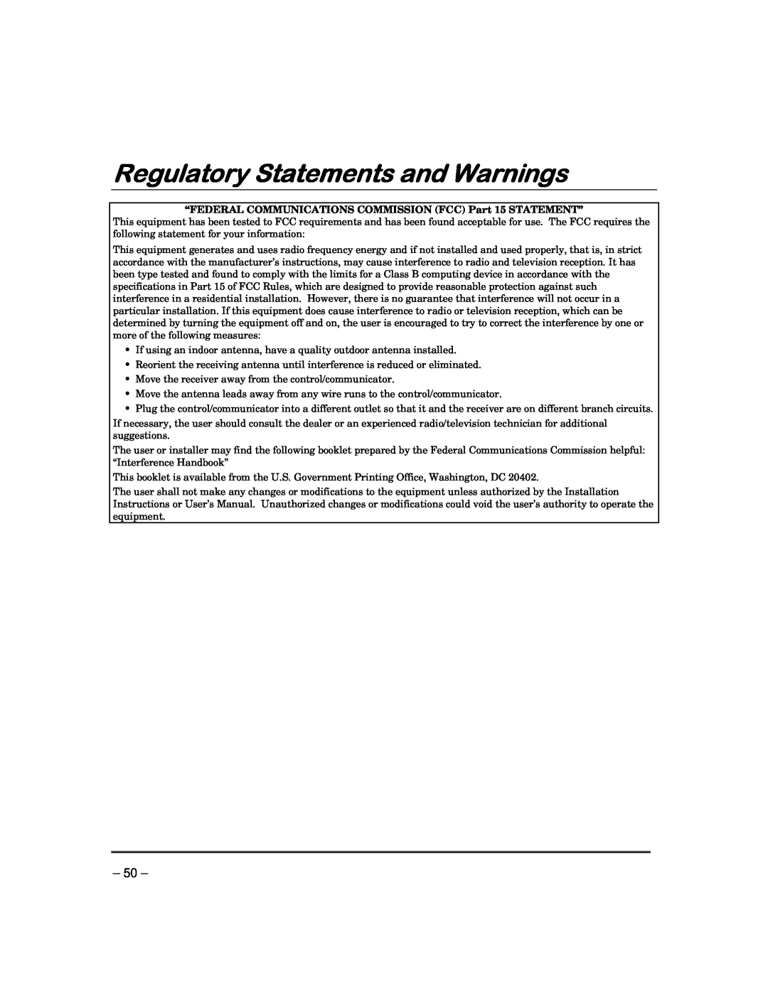 Garmin FA168CPS manual Regulatory Statements and Warnings, “FEDERAL COMMUNICATIONS COMMISSION FCC Part 15 STATEMENT” 