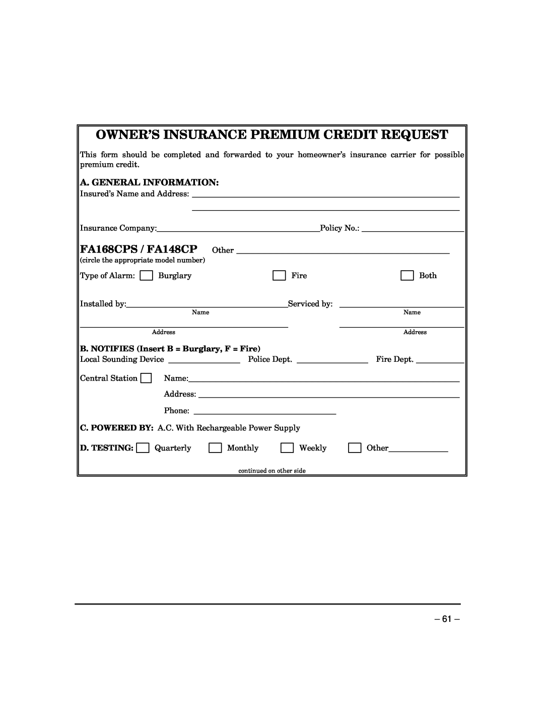 Garmin manual Owner’S Insurance Premium Credit Request, FA168CPS / FA148CP 