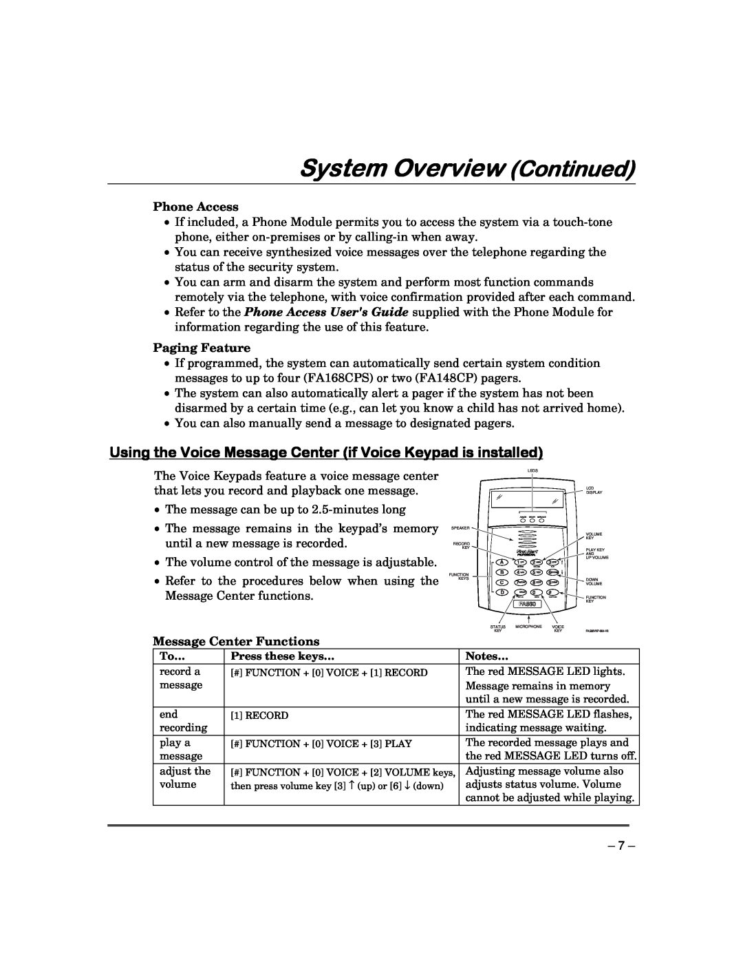 Garmin FA168CPS manual Using the Voice Message Center if Voice Keypad is installed, Stay, System Overview Continued 