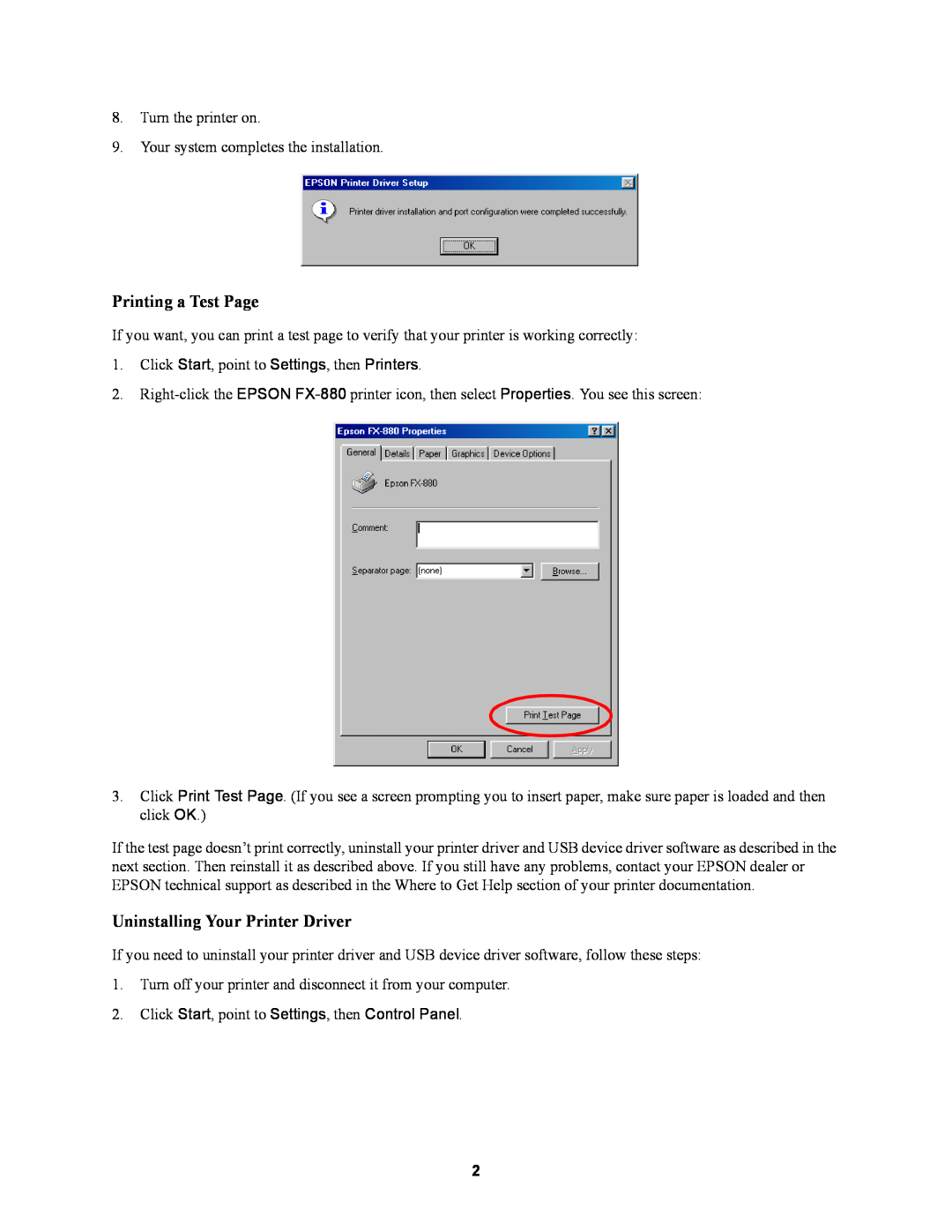 Garmin FX-880 installation instructions Printing a Test Page, Uninstalling Your Printer Driver 