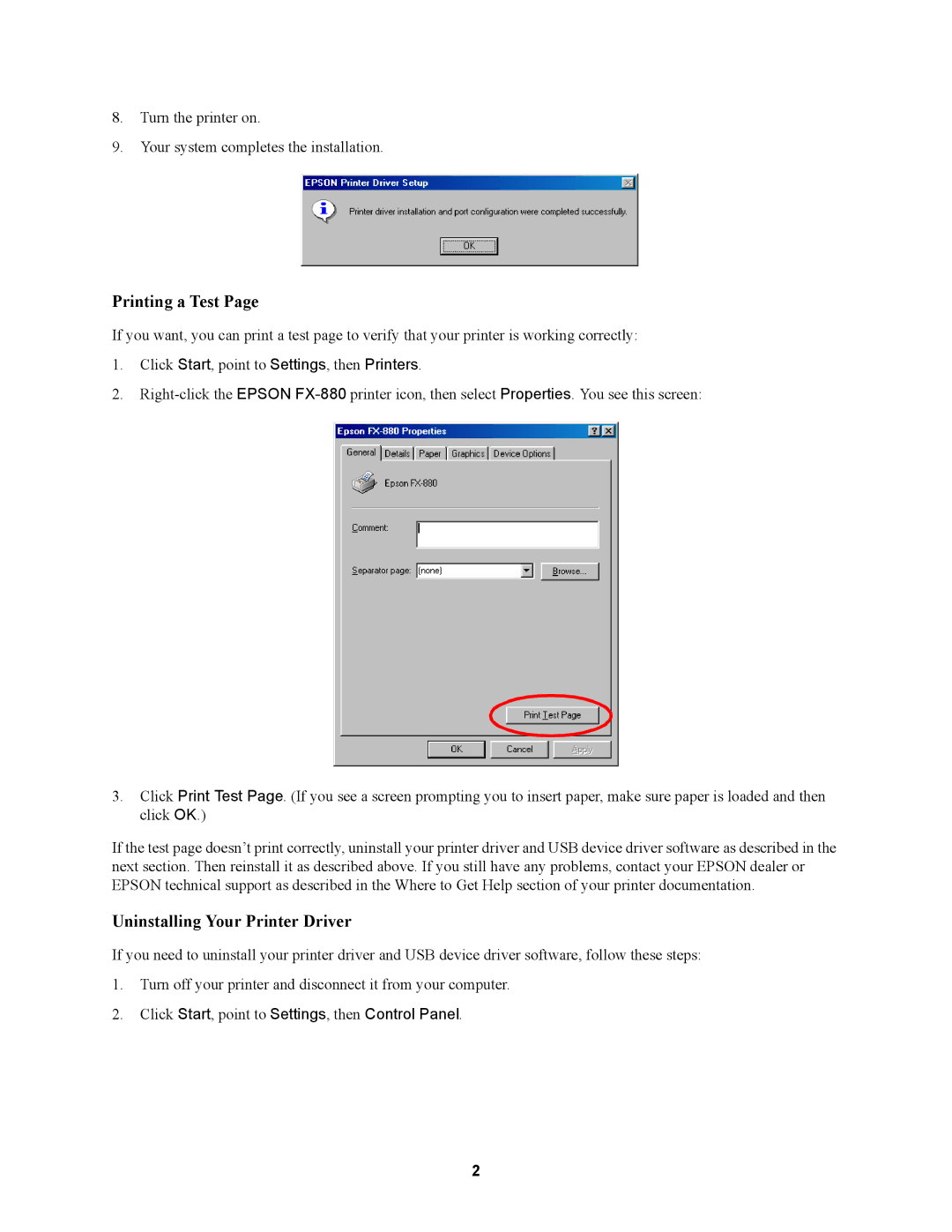 Garmin FX-880 installation instructions Printing a Test, Click Start, point to Settings, then Control Panel 