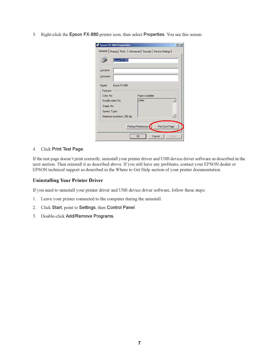 Garmin FX-880 installation instructions Click Print Test 