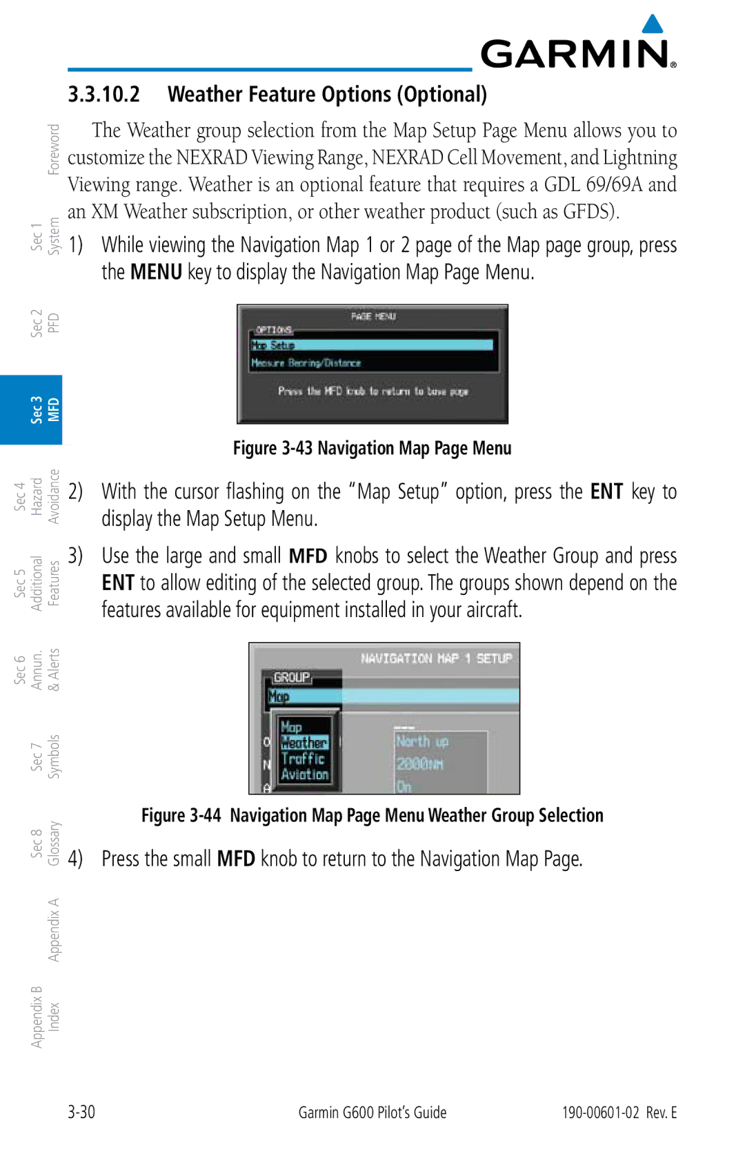 Garmin G600 manual Weather Feature Options Optional, Press the small MFD knob to return to the Navigation Map 