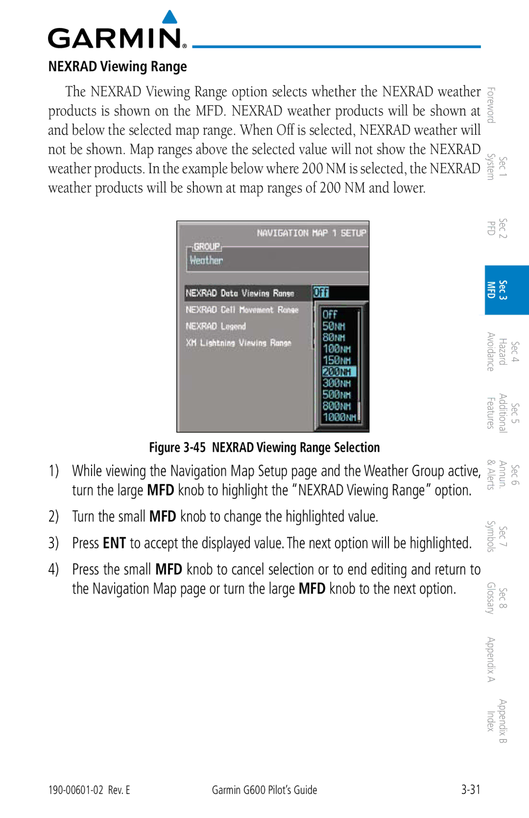 Garmin G600 manual Nexrad Viewing Range Selection 