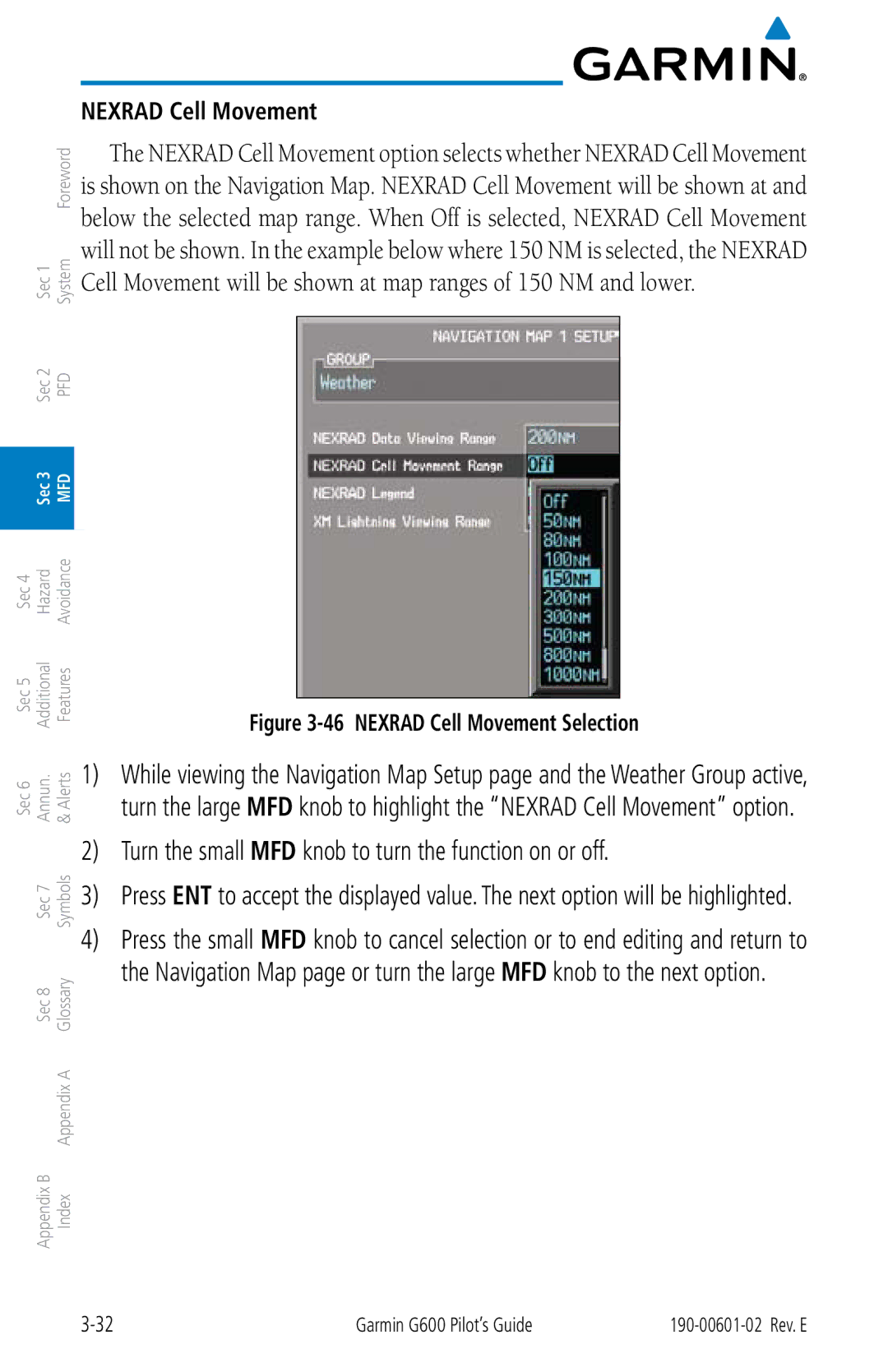 Garmin G600 manual Turn the small MFD knob to turn the function on or off, Nexrad Cell Movement 