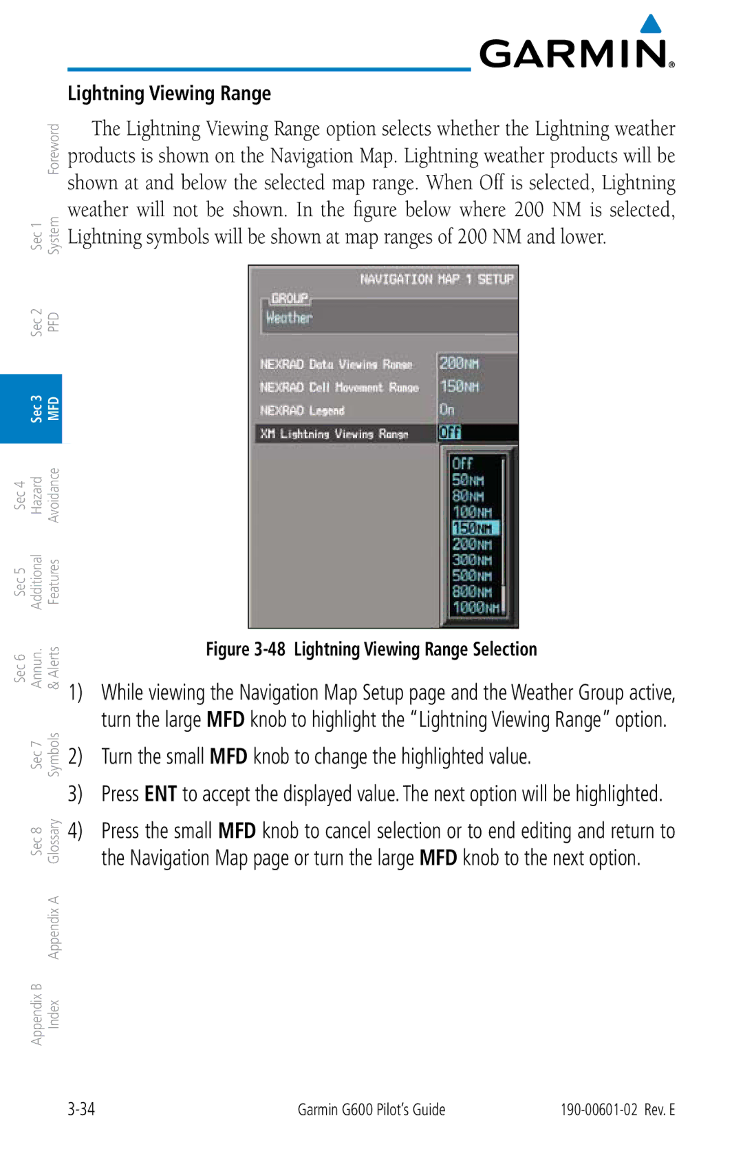 Garmin G600 manual Lightning Viewing Range Selection 