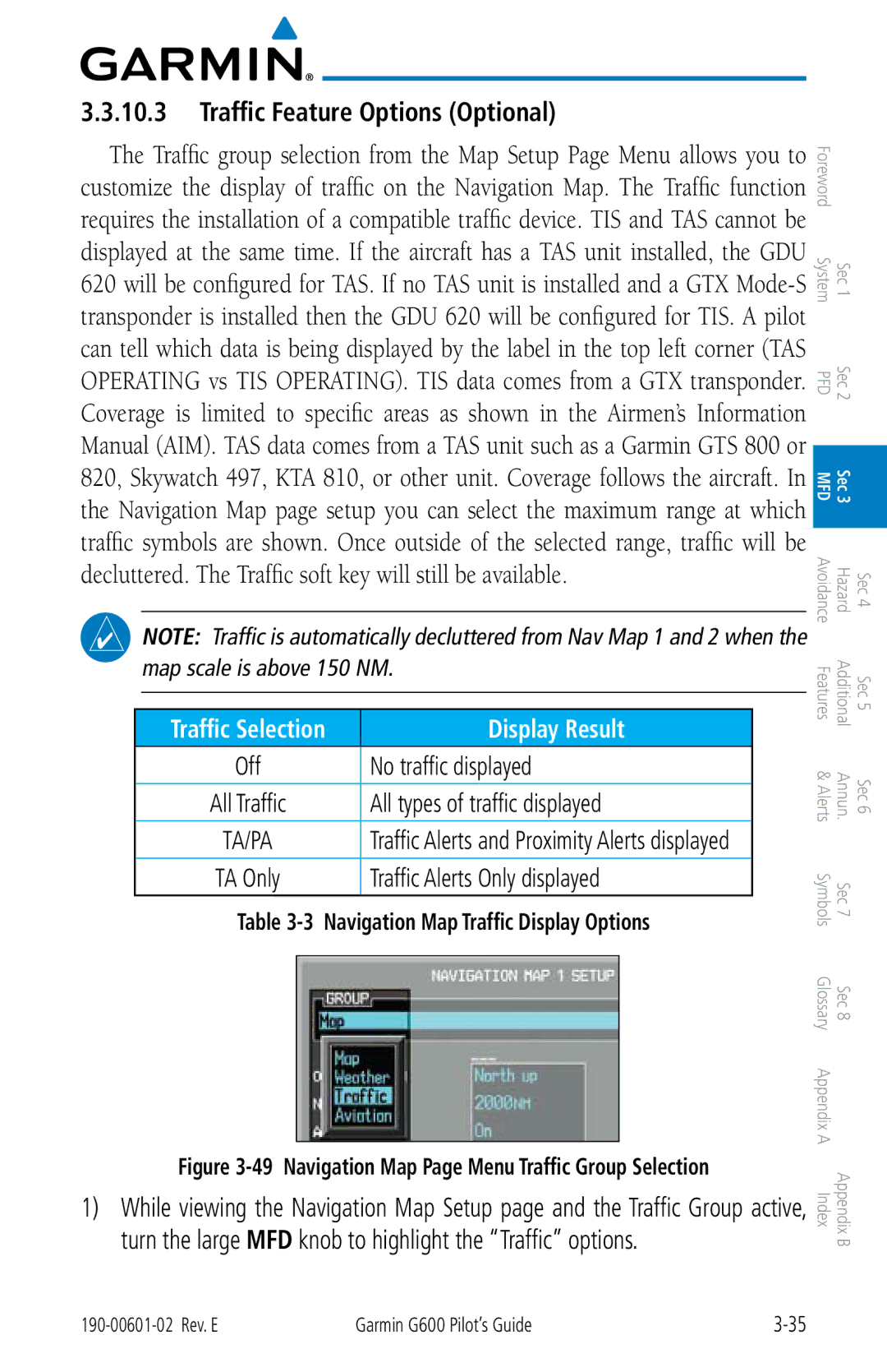 Garmin G600 manual Traffic Feature Options Optional, No traffic displayed, All types of traffic displayed 