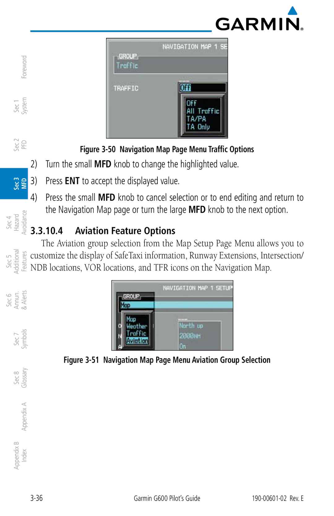 Garmin G600 manual Aviation Feature Options, Navigation Map Page Menu Traffic Options 