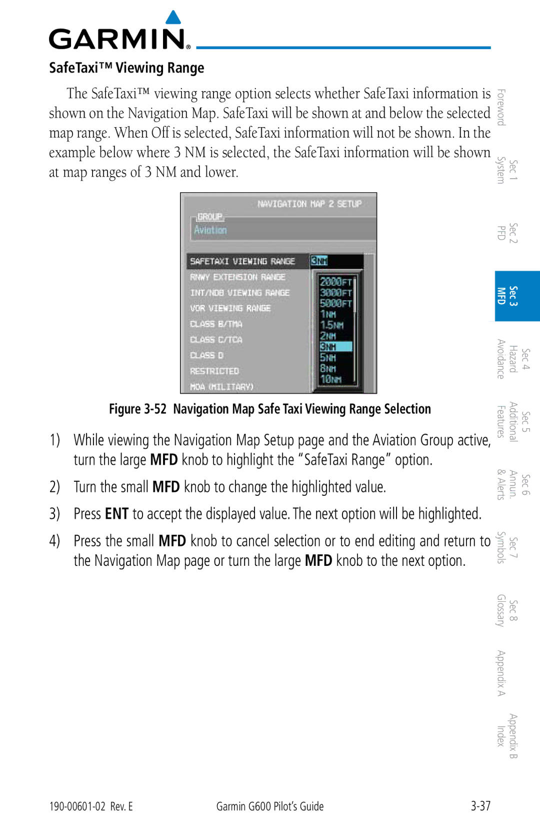 Garmin G600 manual SafeTaxi Viewing Range, Navigation Map Safe Taxi Viewing Range Selection 