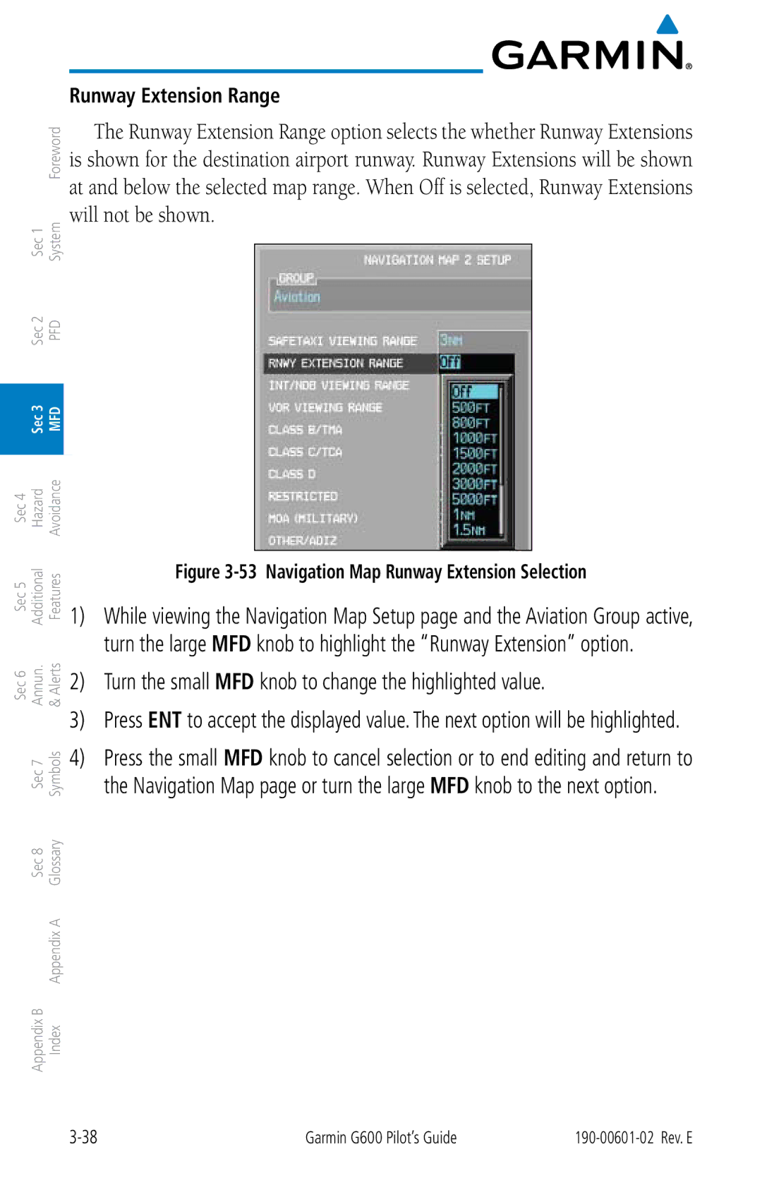 Garmin G600 manual Runway Extension Range, Navigation Map Runway Extension Selection 