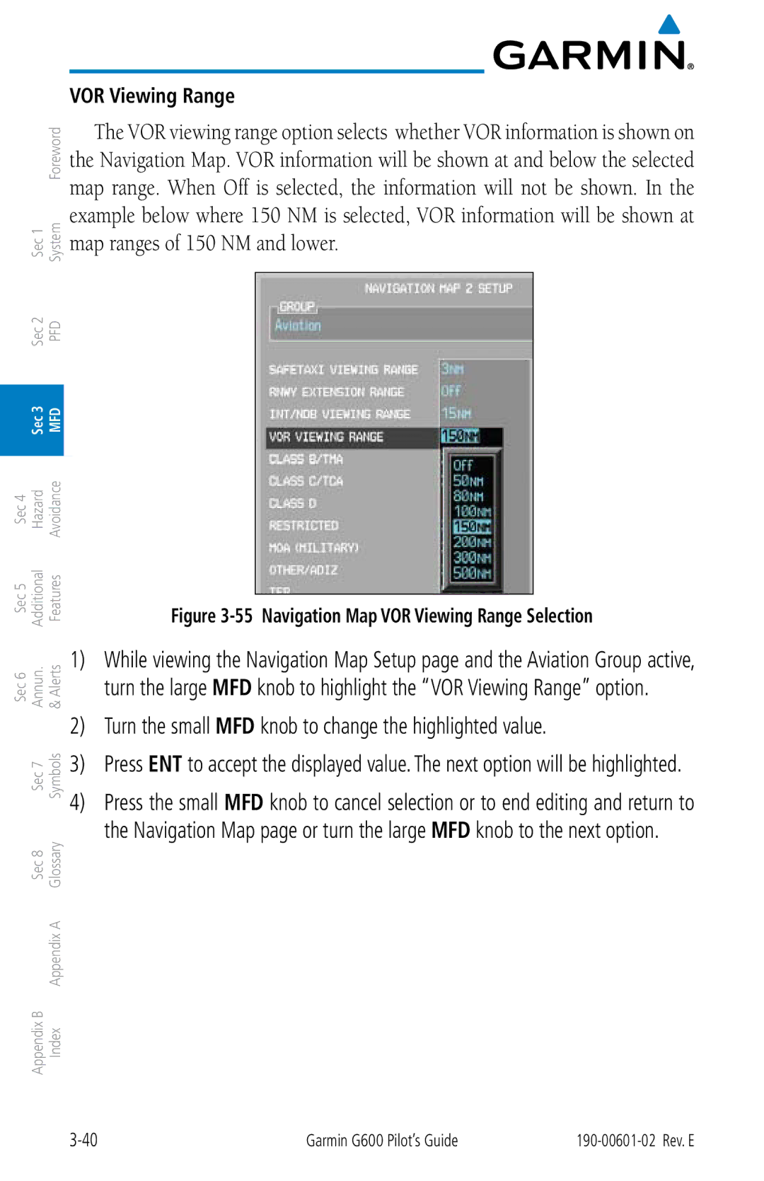 Garmin G600 manual Navigation Map VOR Viewing Range Selection 