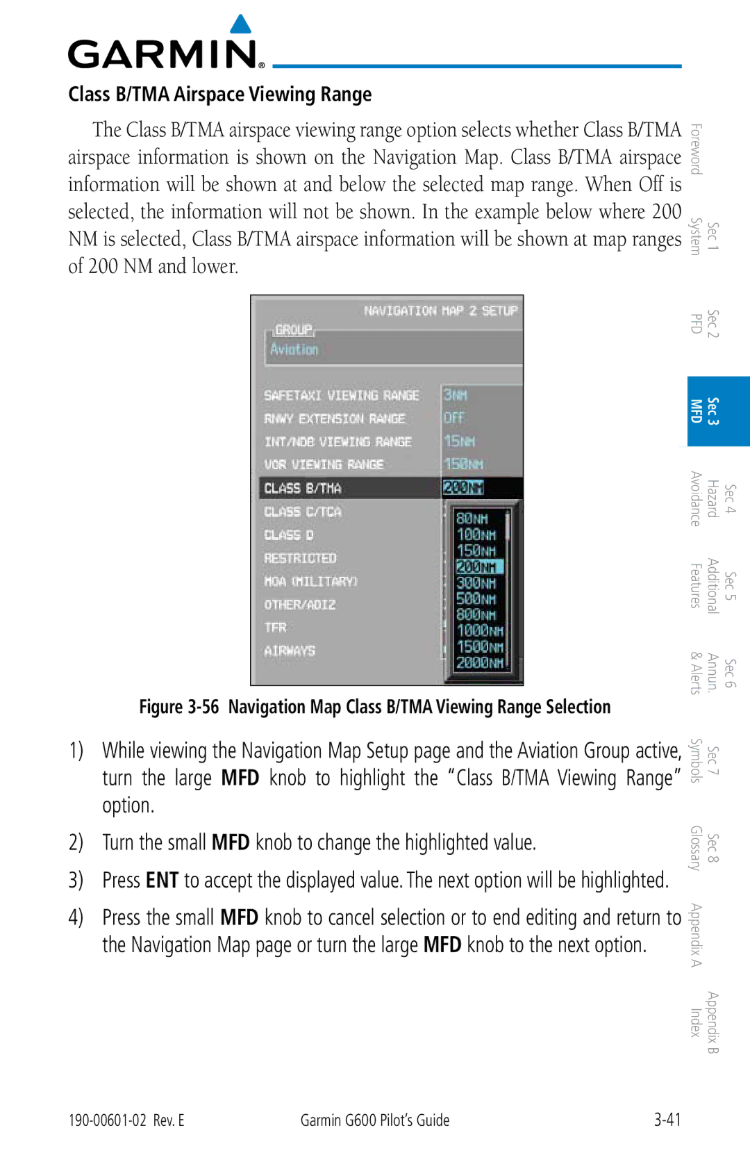 Garmin G600 manual Class B/TMA Airspace Viewing Range, Navigation Map Class B/TMA Viewing Range Selection 