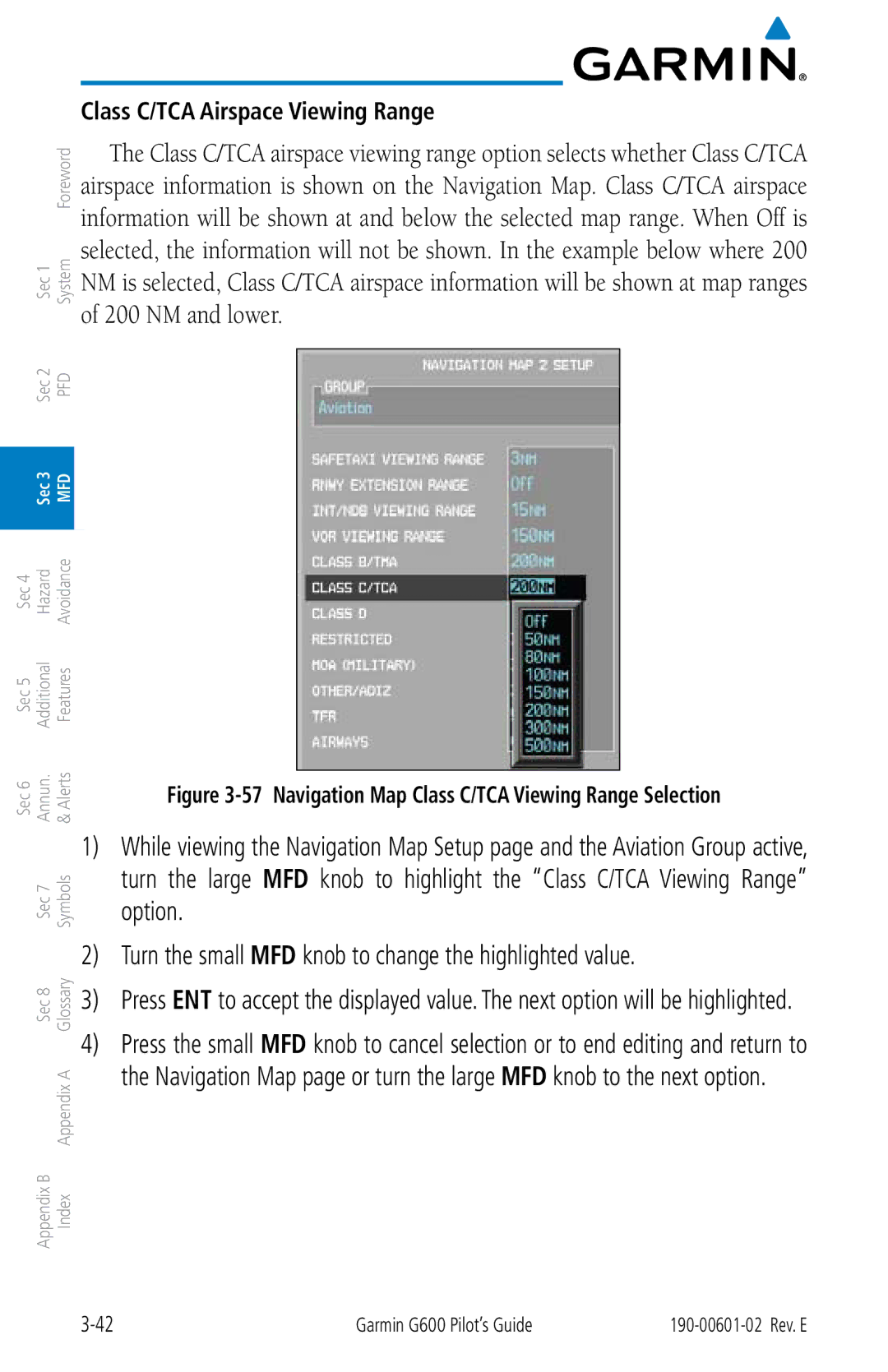 Garmin G600 manual Class C/TCA Airspace Viewing Range, Navigation Map Class C/TCA Viewing Range Selection 