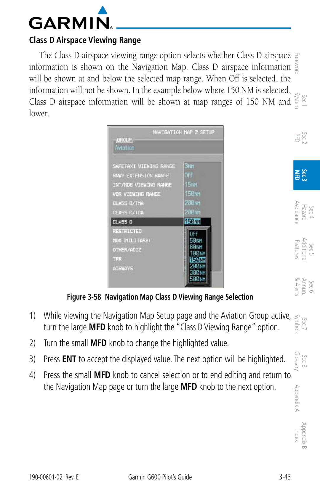 Garmin G600 manual Class D Airspace Viewing Range, Navigation Map Class D Viewing Range Selection 