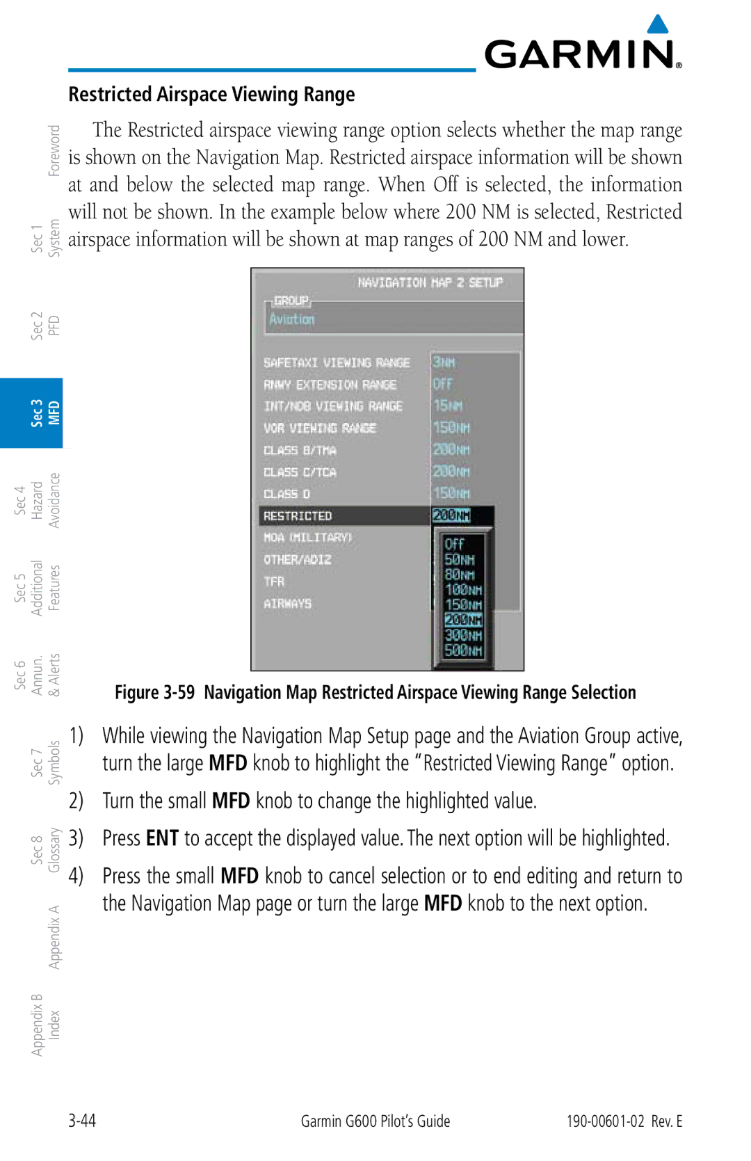 Garmin G600 manual Restricted Airspace Viewing Range 