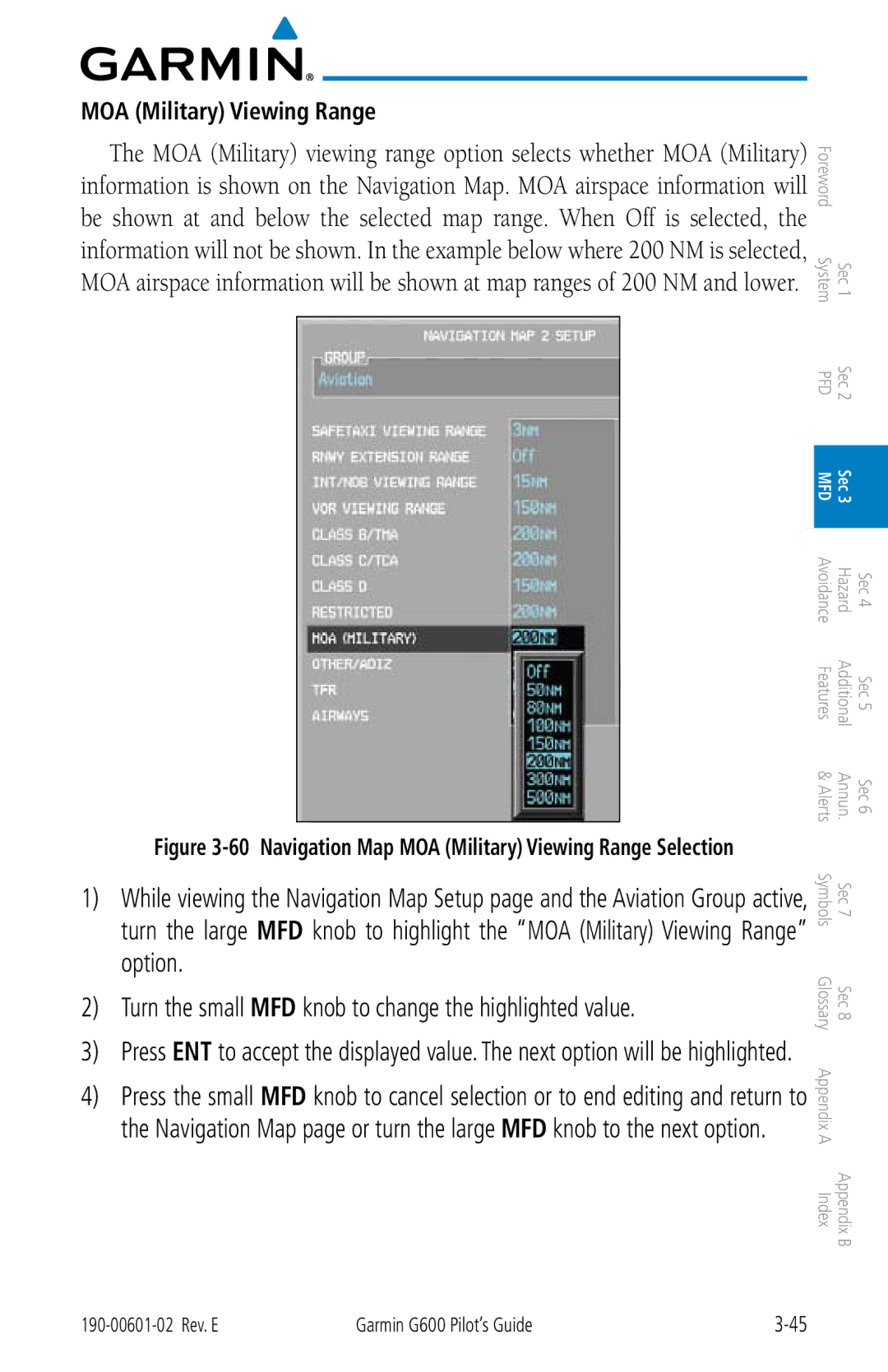 Garmin G600 manual Navigation Map MOA Military Viewing Range Selection 