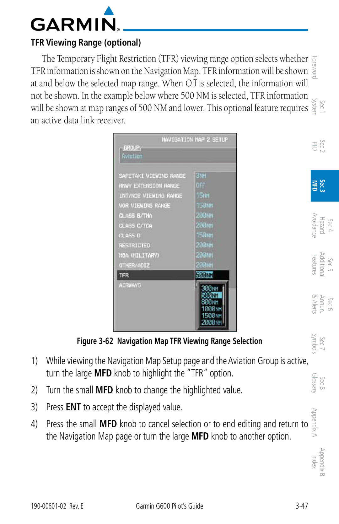 Garmin G600 manual TFR Viewing Range optional, Navigation Map TFR Viewing Range Selection 