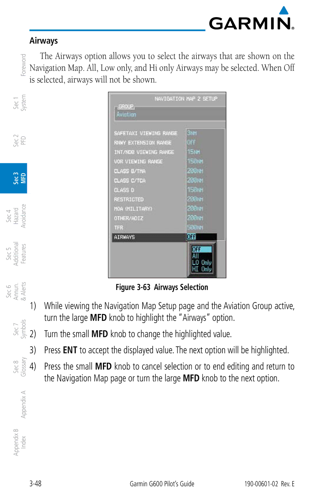 Garmin G600 manual Airways Selection 