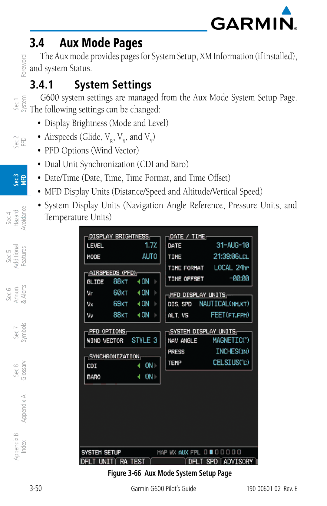 Garmin G600 manual Aux Mode Pages, Airspeeds Glide, VR, VX, and VY, Dual Unit Synchronization CDI and Baro 