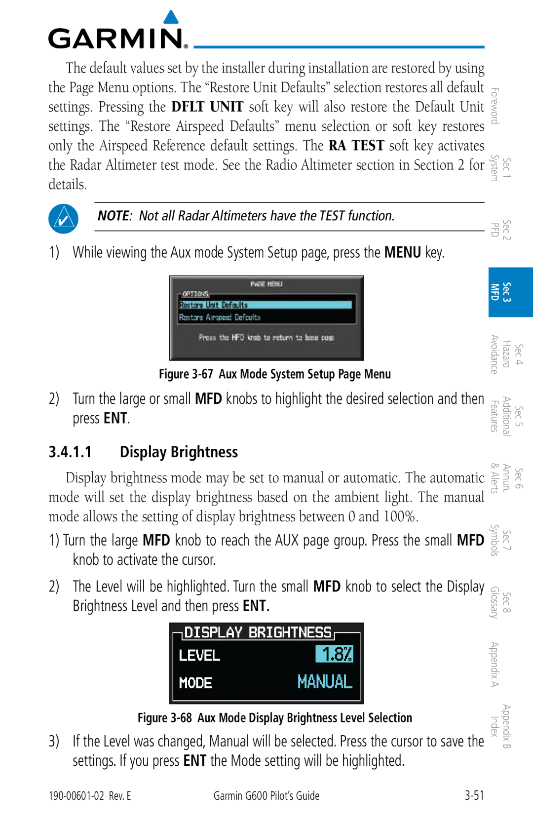 Garmin G600 manual Display Brightness, Aux Mode System Setup Page Menu 