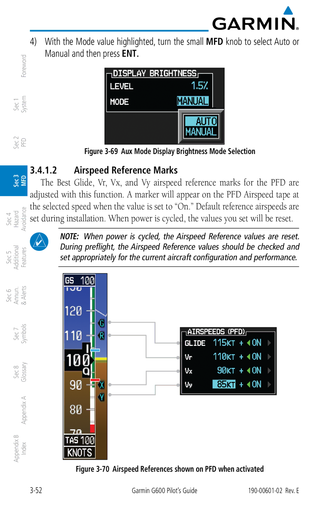 Garmin G600 manual Airspeed Reference Marks, Aux Mode Display Brightness Mode Selection 