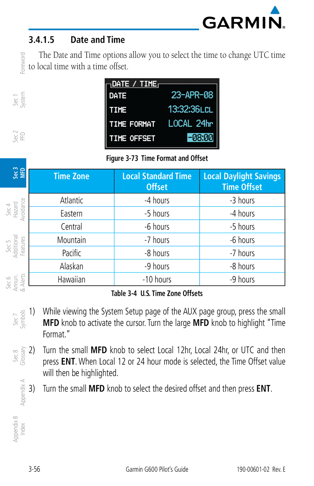 Garmin G600 manual Date and Time, U.S. Time Zone Offsets 