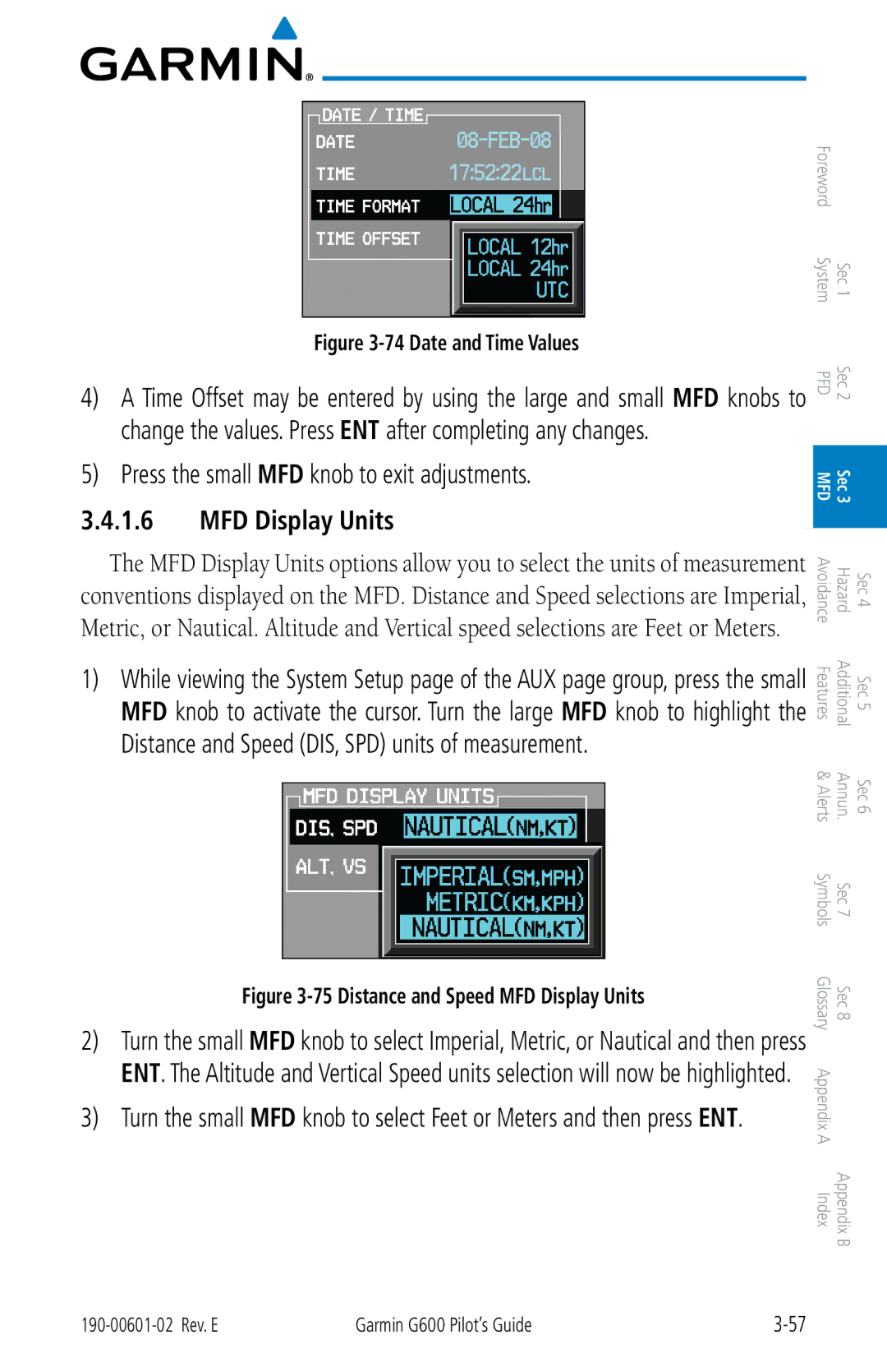 Garmin G600 manual Press the small MFD knob to exit adjustments, MFD Display Units 