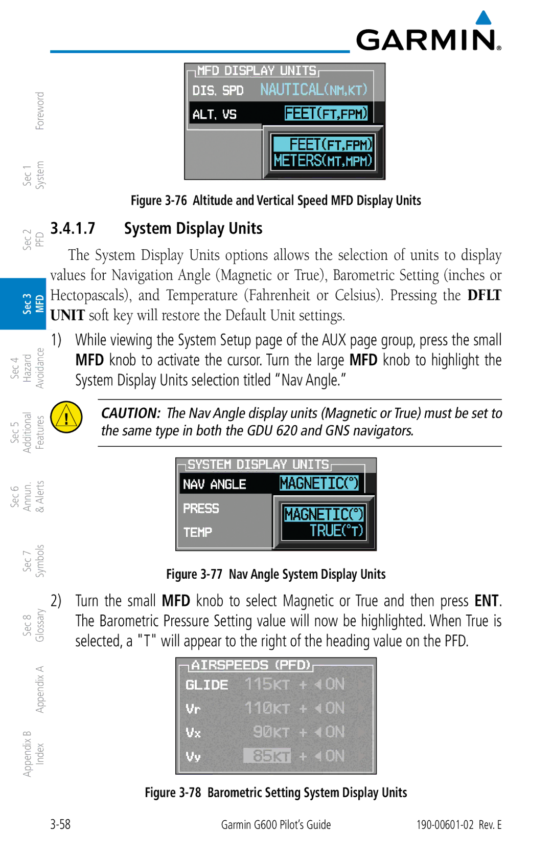 Garmin G600 manual System Display Units, Altitude and Vertical Speed MFD Display Units 