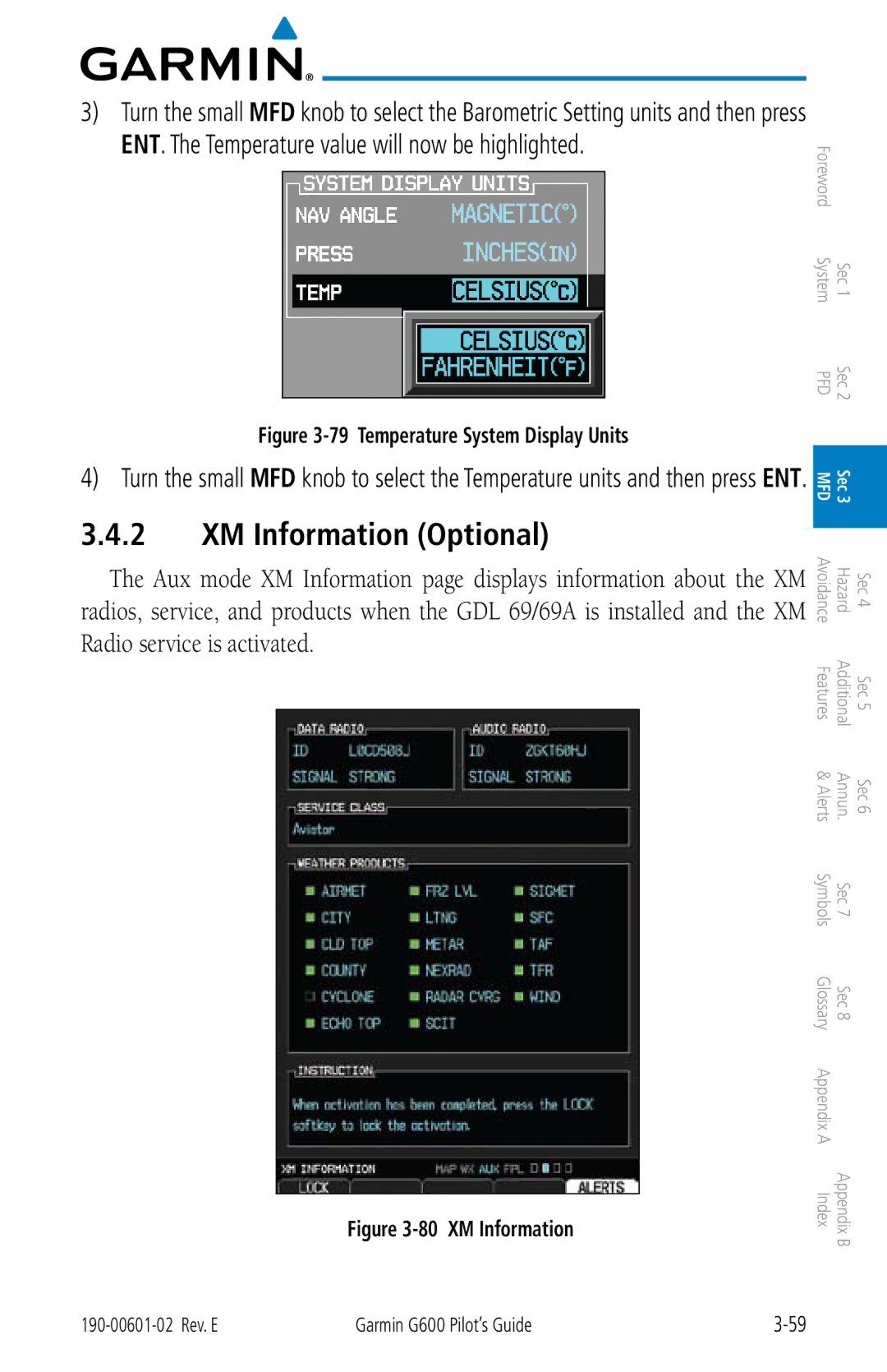 Garmin G600 manual XM Information Optional, Temperature System Display Units 