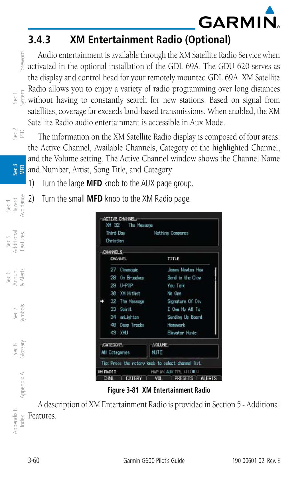 Garmin G600 manual XM Entertainment Radio Optional 