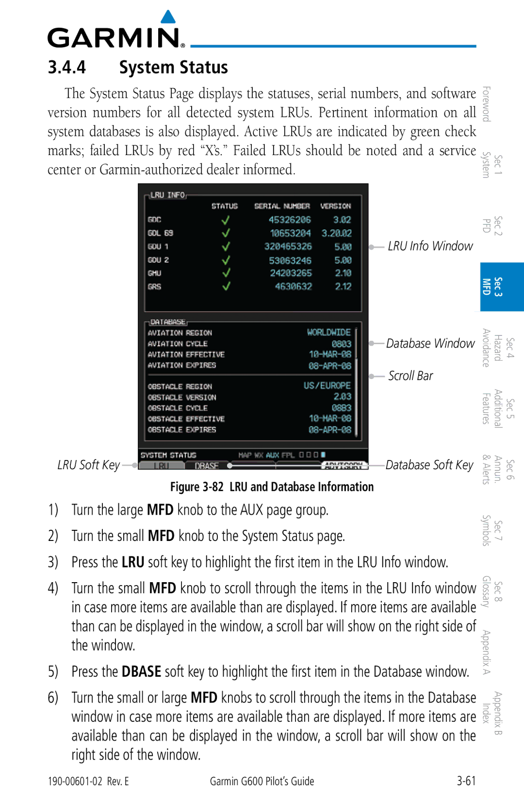 Garmin G600 manual System Status, Scroll Bar 