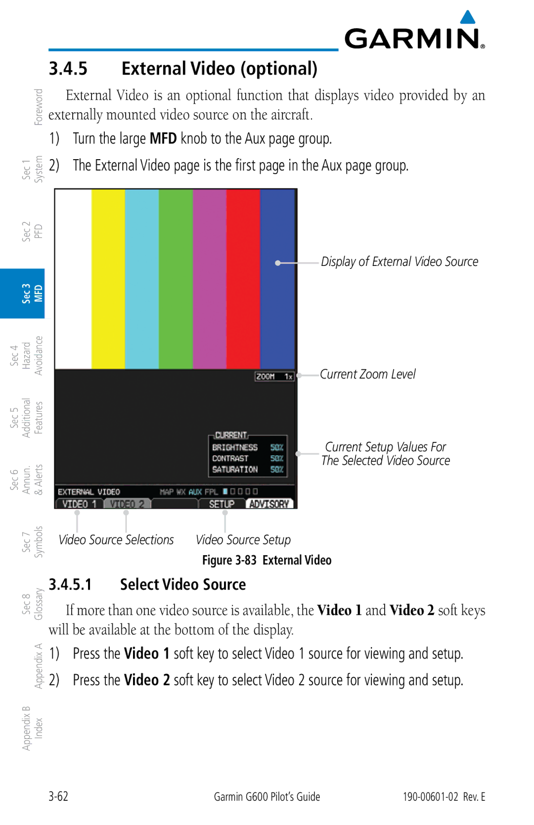 Garmin G600 manual External Video optional, Select Video Source 