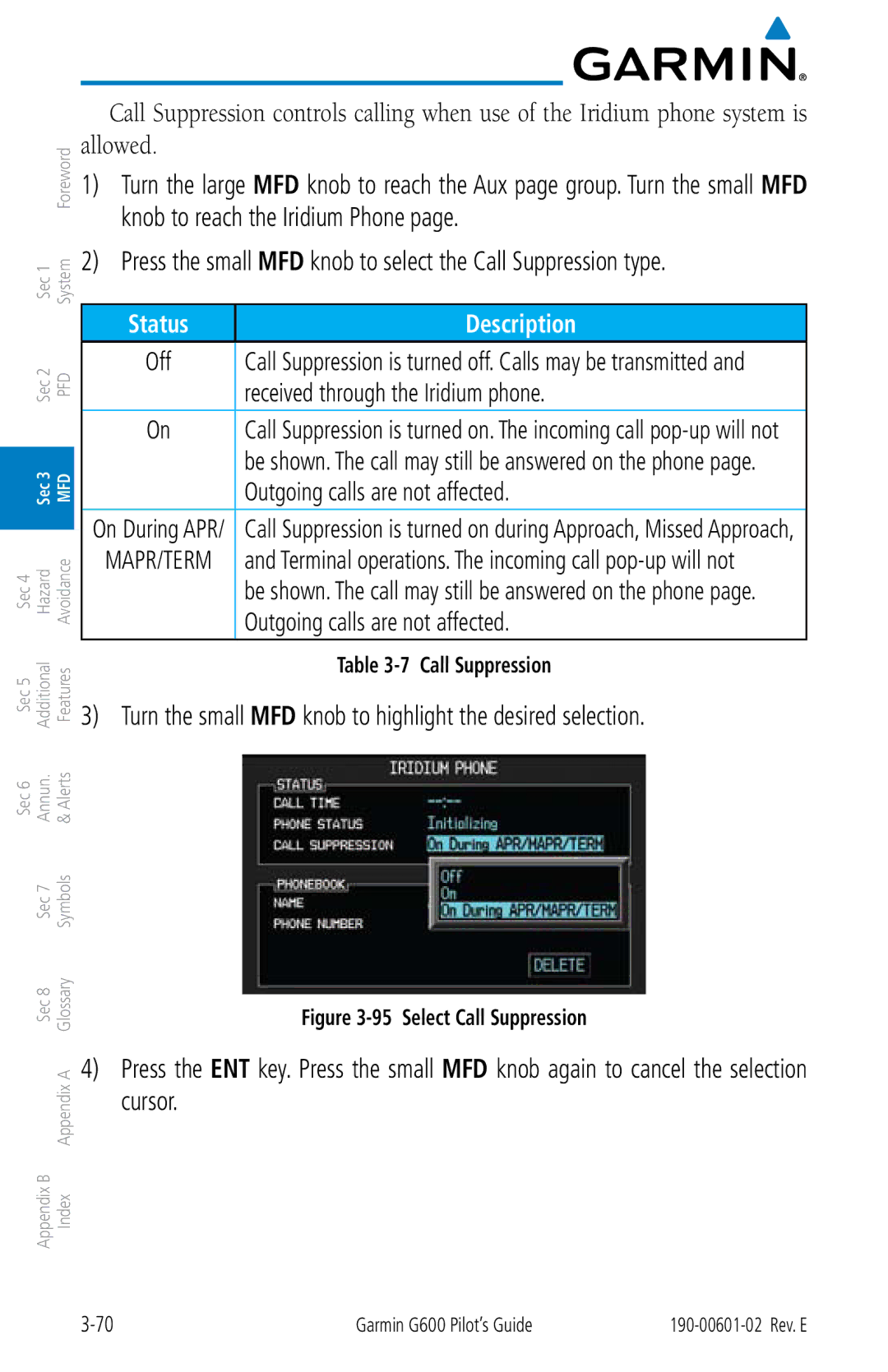 Garmin G600 manual Turn the small MFD knob to highlight the desired selection, Received through the Iridium phone 