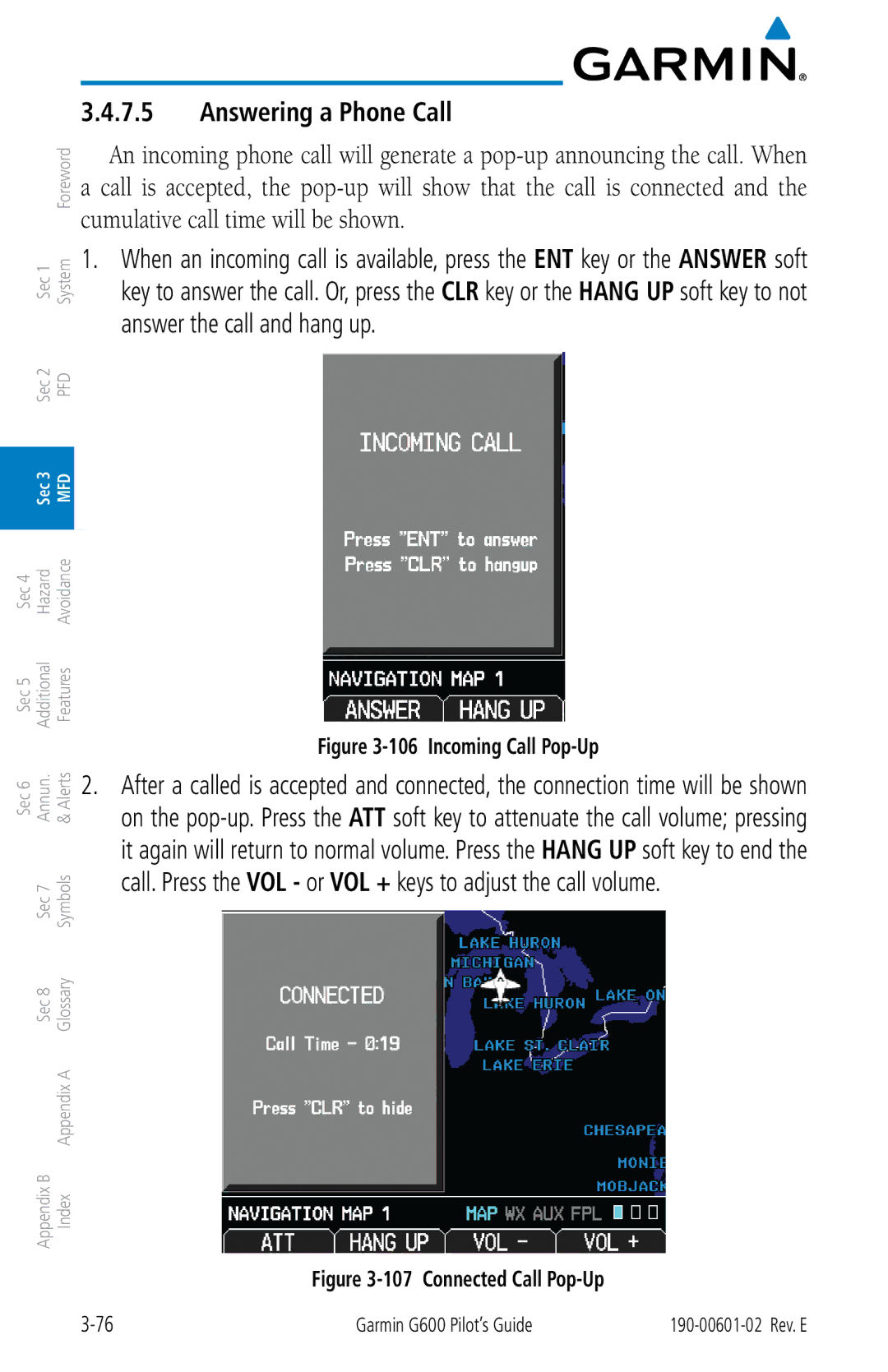 Garmin G600 manual Answering a Phone Call, Incoming Call Pop-Up 