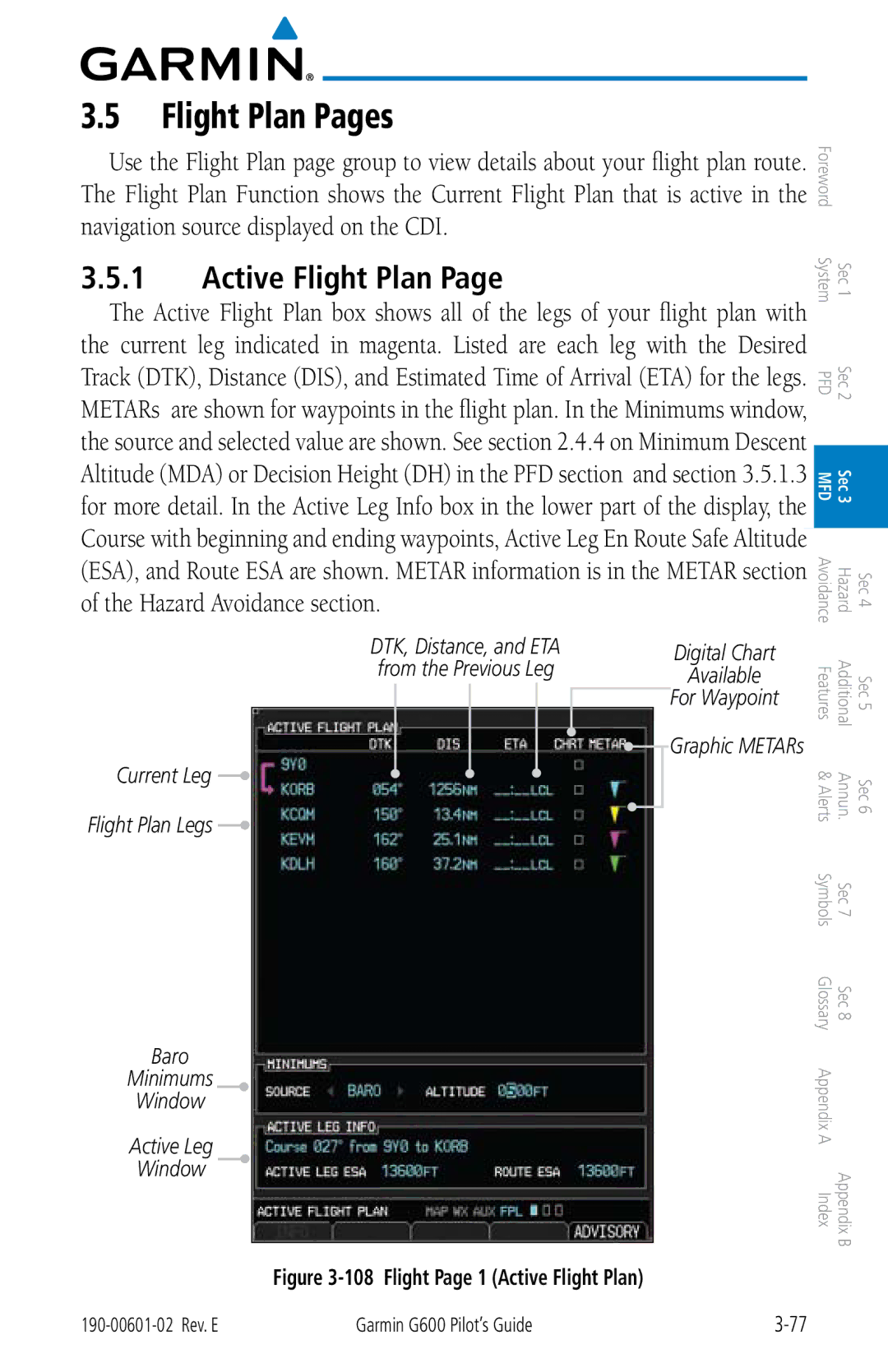 Garmin G600 manual Flight Plan Pages, Active Flight Plan, For Waypoint 