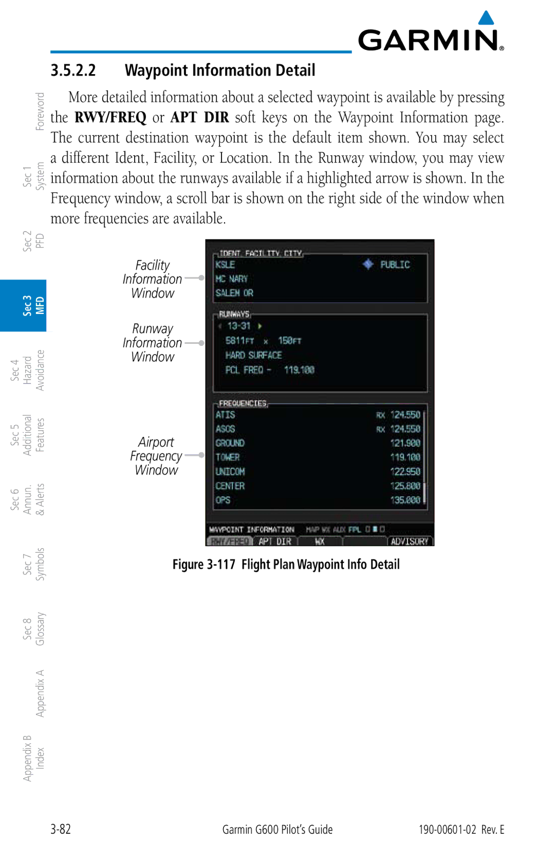 Garmin G600 manual Waypoint Information Detail, Facility Information Window Runway, Airport Frequency Window 