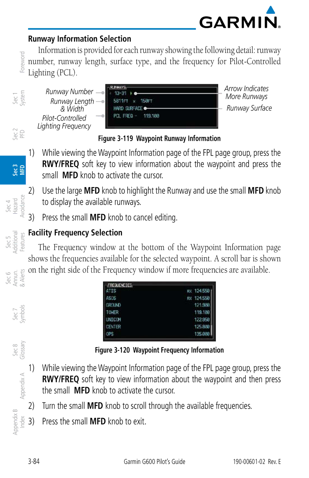 Garmin G600 manual Press the small MFD knob to exit, Runway Information Selection, Facility Frequency Selection 