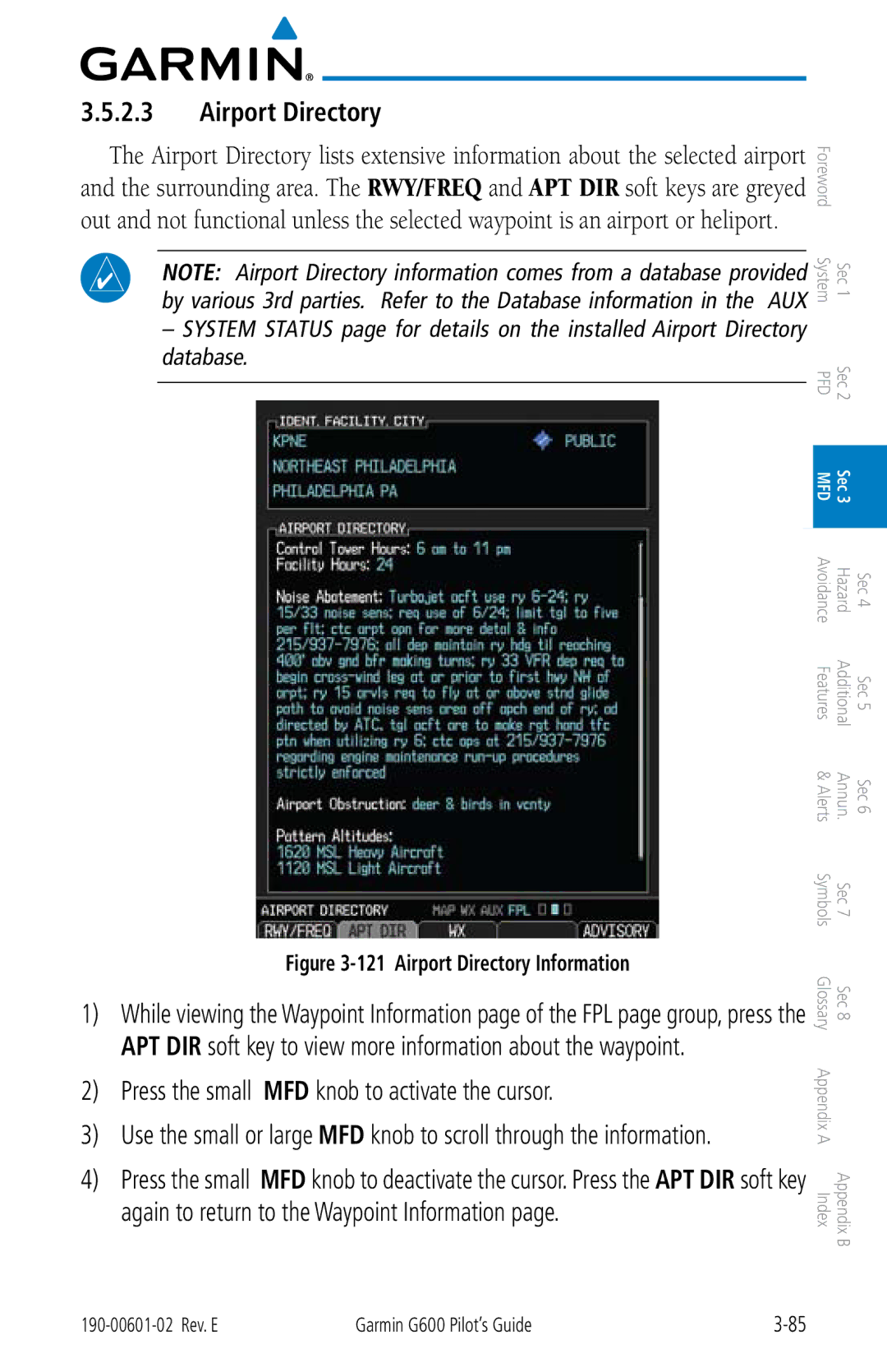 Garmin G600 manual Airport Directory, Press the small MFD knob to activate the cursor 