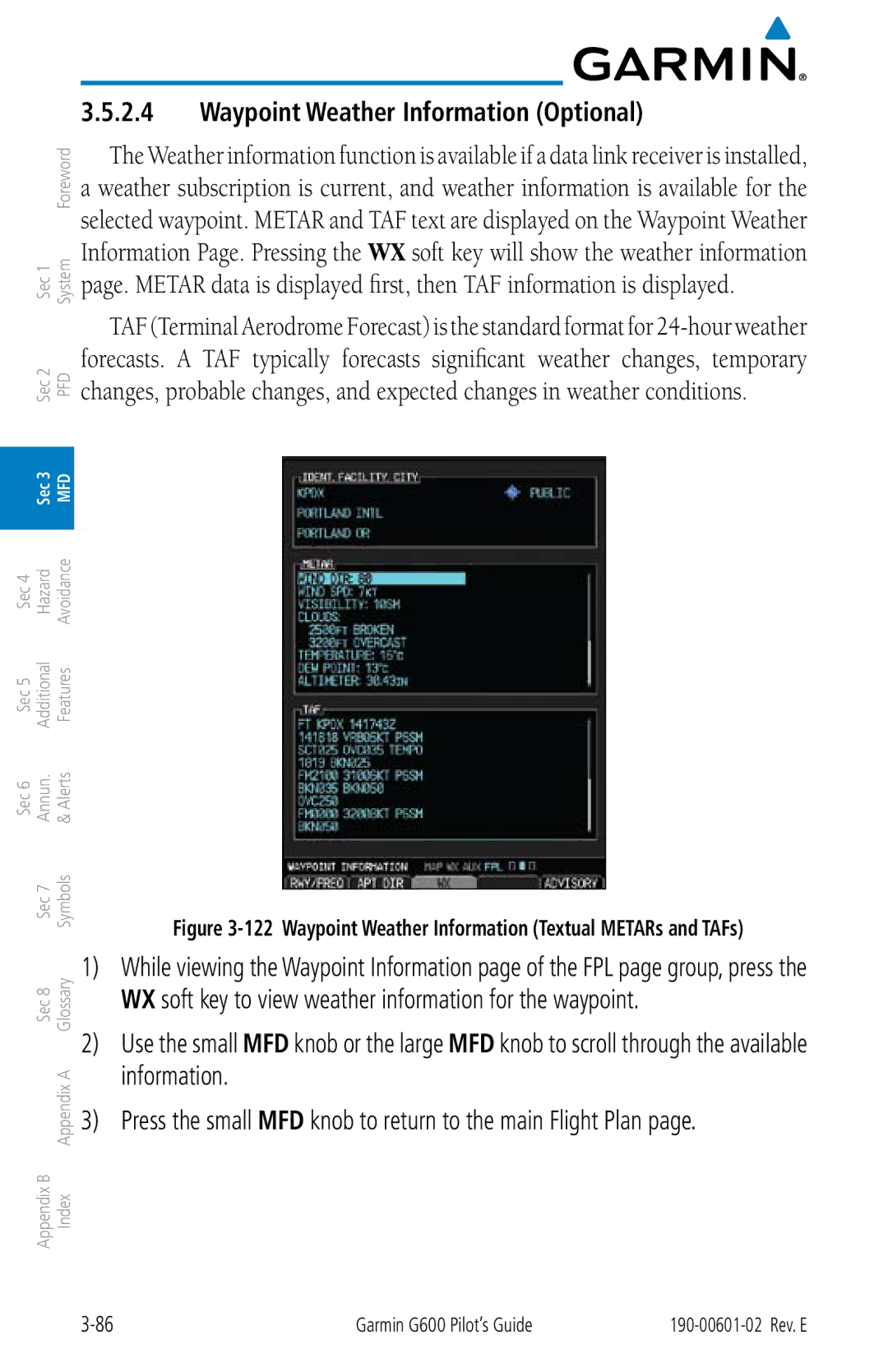 Garmin G600 manual Waypoint Weather Information Optional, Waypoint Weather Information Textual METARs and TAFs 