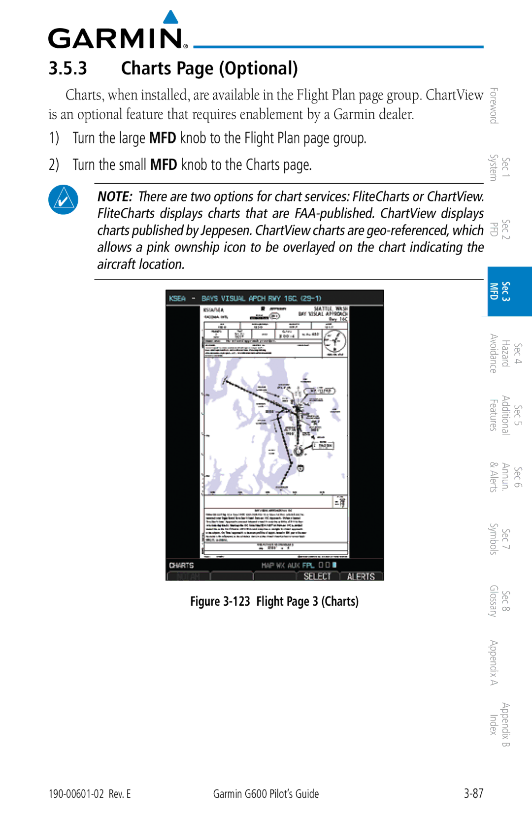 Garmin G600 manual Charts Page Optional, Flight Page 3 Charts 