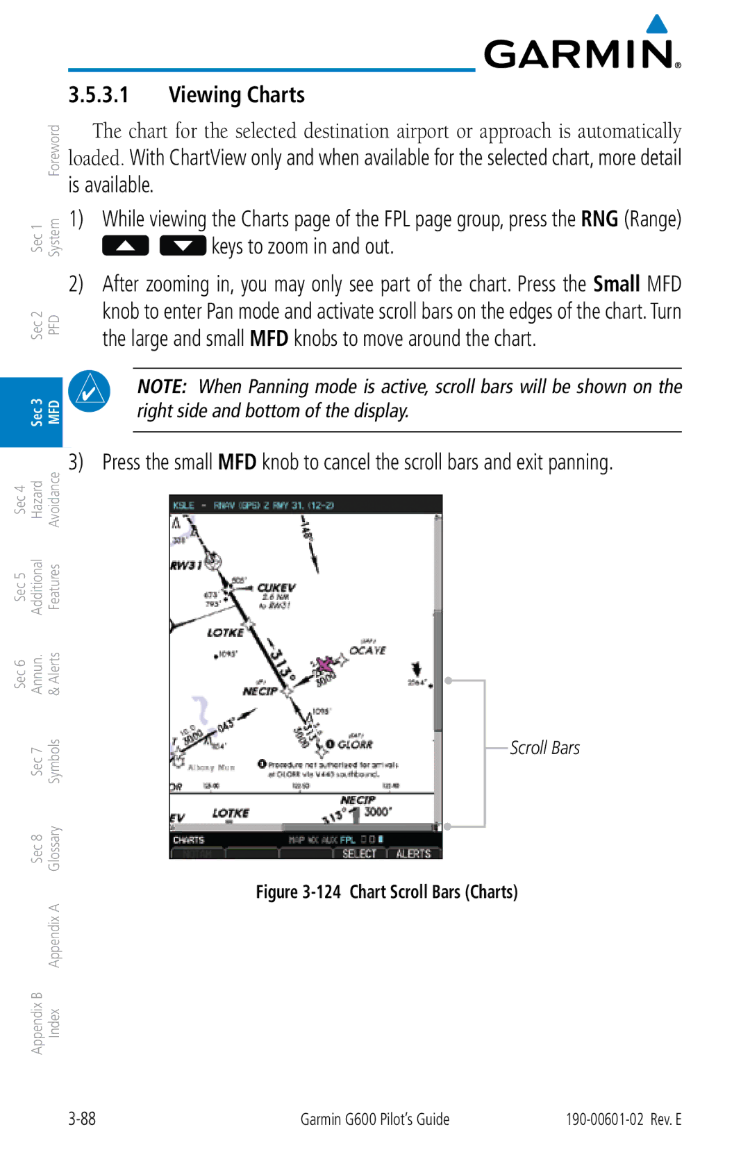 Garmin G600 manual Viewing Charts, Chart Scroll Bars Charts 