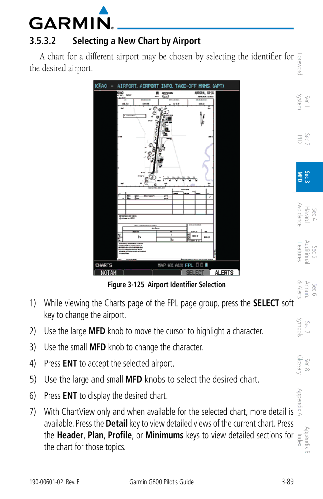 Garmin G600 manual Selecting a New Chart by Airport, Press ENT to display the desired chart 