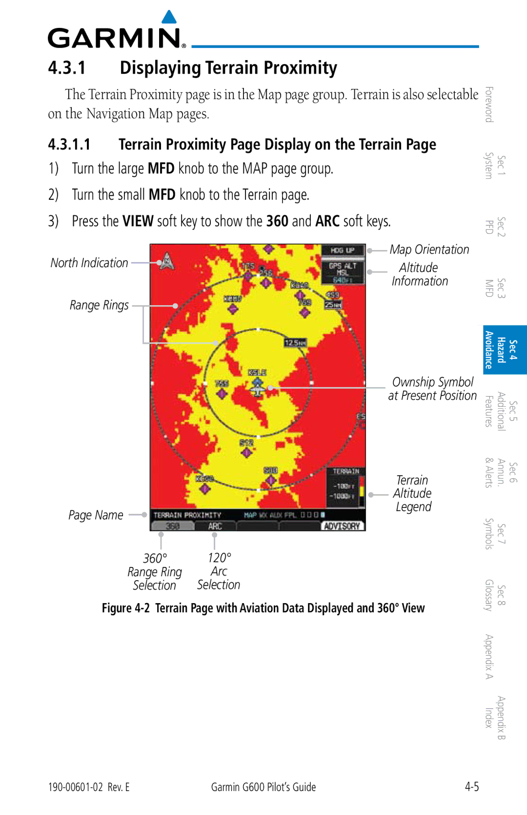 Garmin G600 manual Displaying Terrain Proximity, Turn the large MFD knob to the MAP page group 