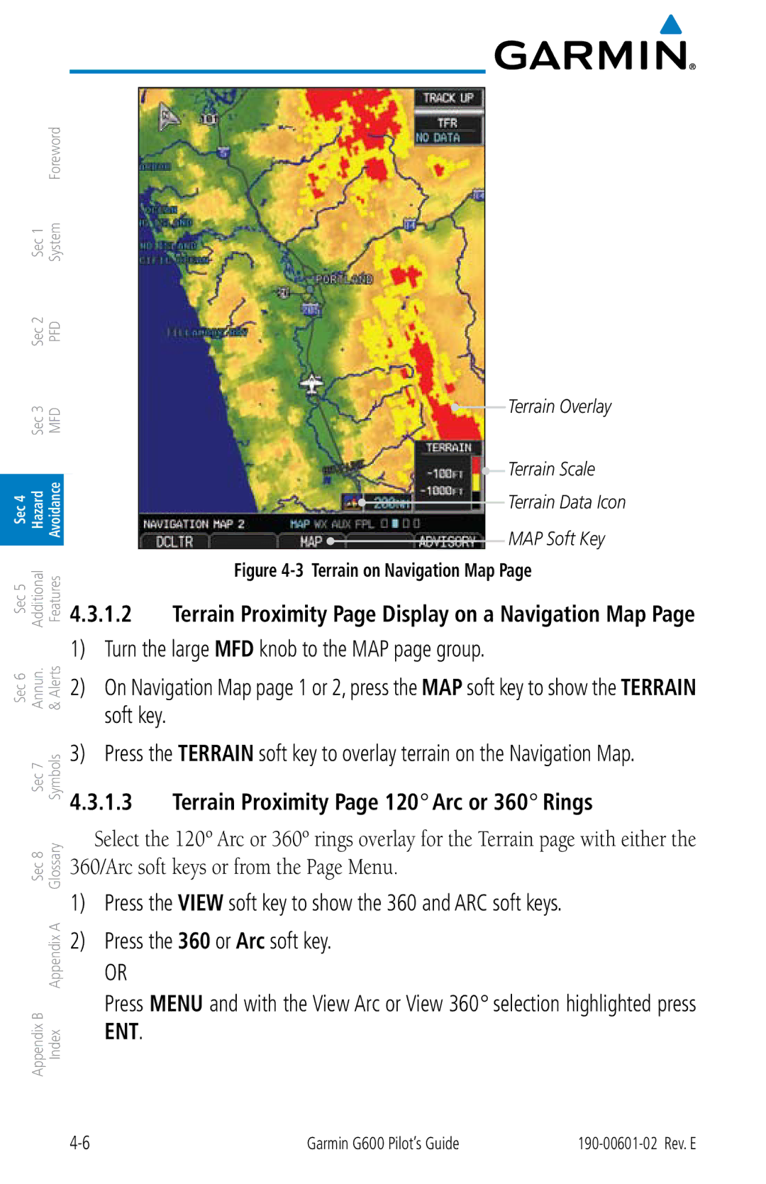 Garmin G600 manual Terrain Proximity Page 120 Arc or 360 Rings, Terrain Proximity Page Display on a Navigation Map 