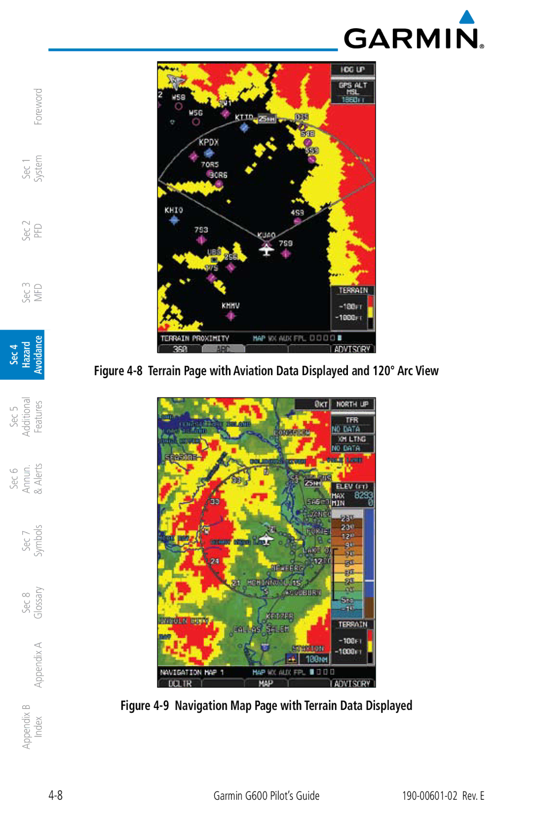 Garmin G600 manual Navigation Map Page with Terrain Data Displayed 