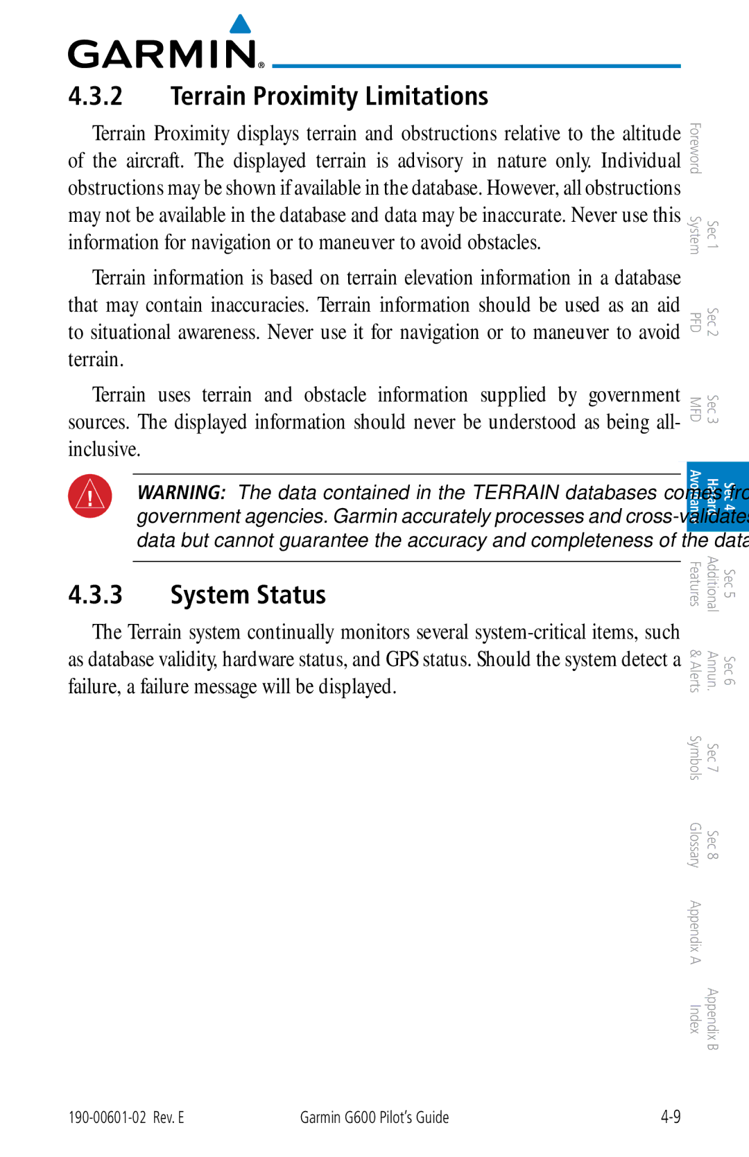Garmin G600 manual Terrain Proximity Limitations, System Status 