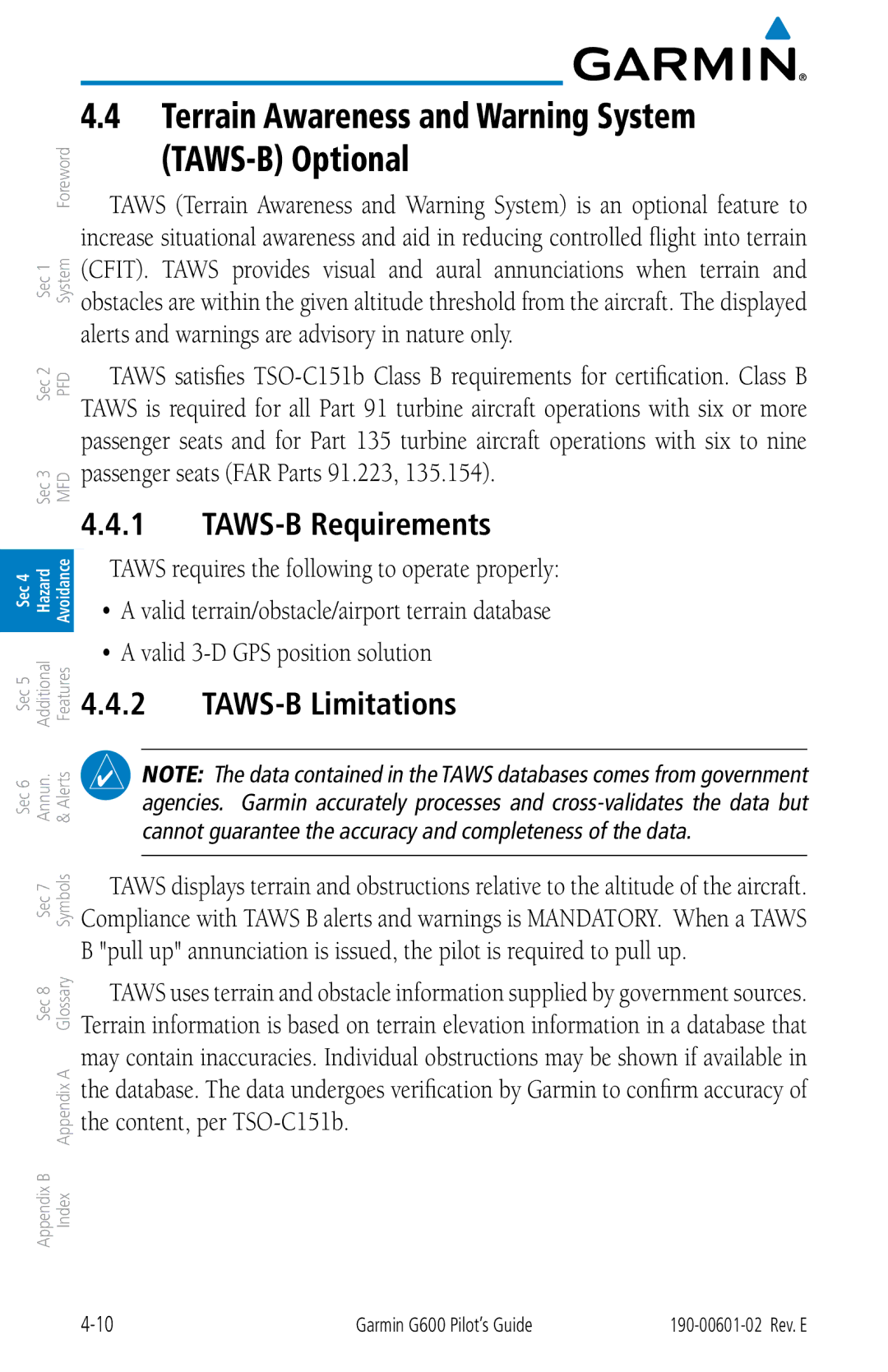 Garmin G600 manual Terrain Awareness and Warning System TAWS-B Optional, TAWS-B Requirements, TAWS-B Limitations 