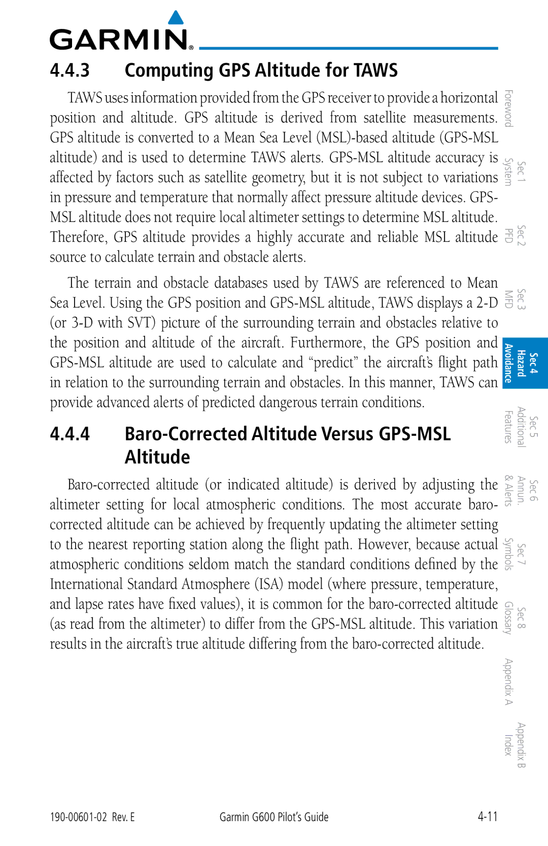 Garmin G600 manual Computing GPS Altitude for Taws, Baro-Corrected Altitude Versus GPS-MSL Altitude 