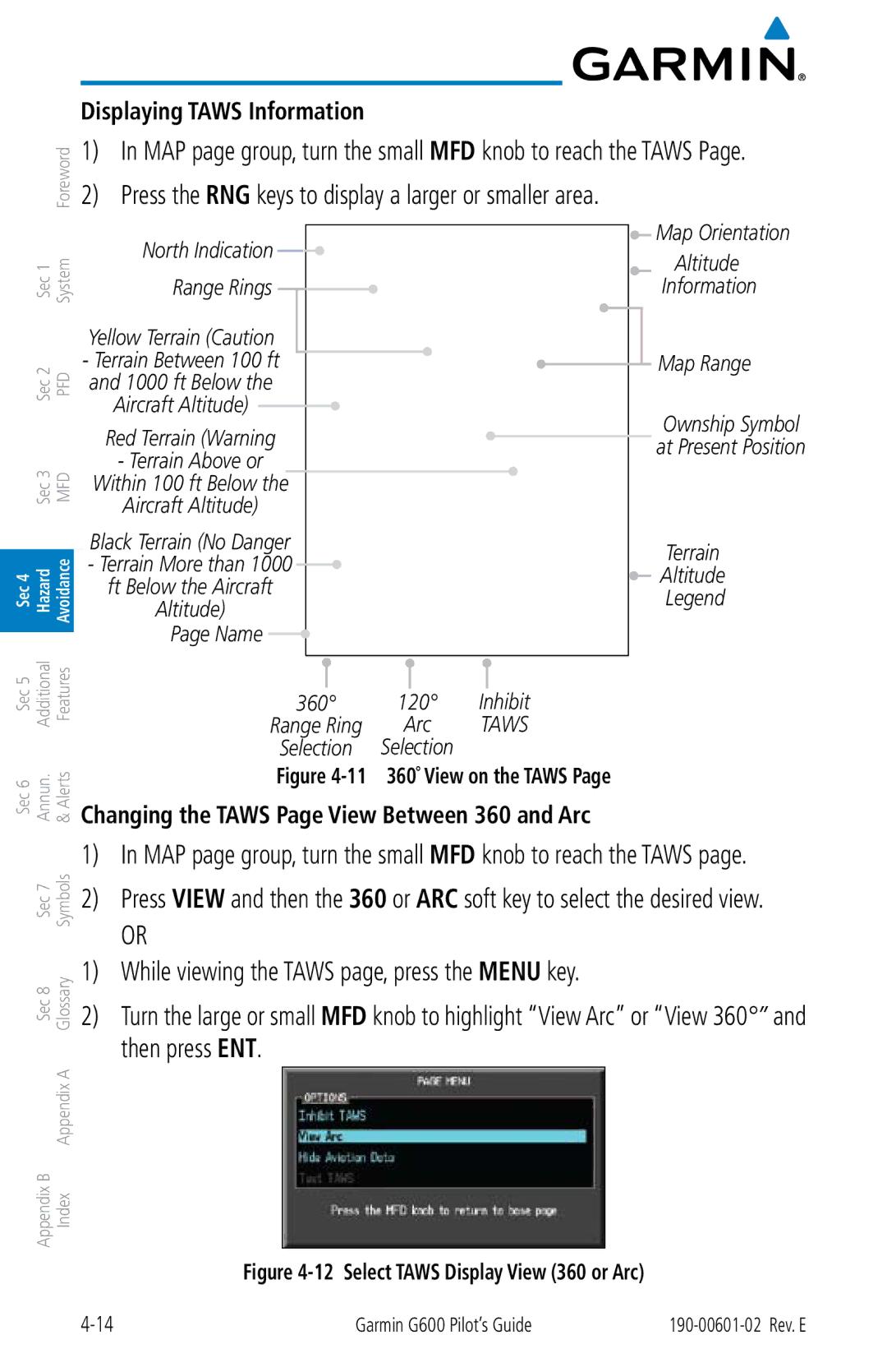 Garmin G600 manual Press the RNG keys to display a larger or smaller area, Displaying Taws Information 